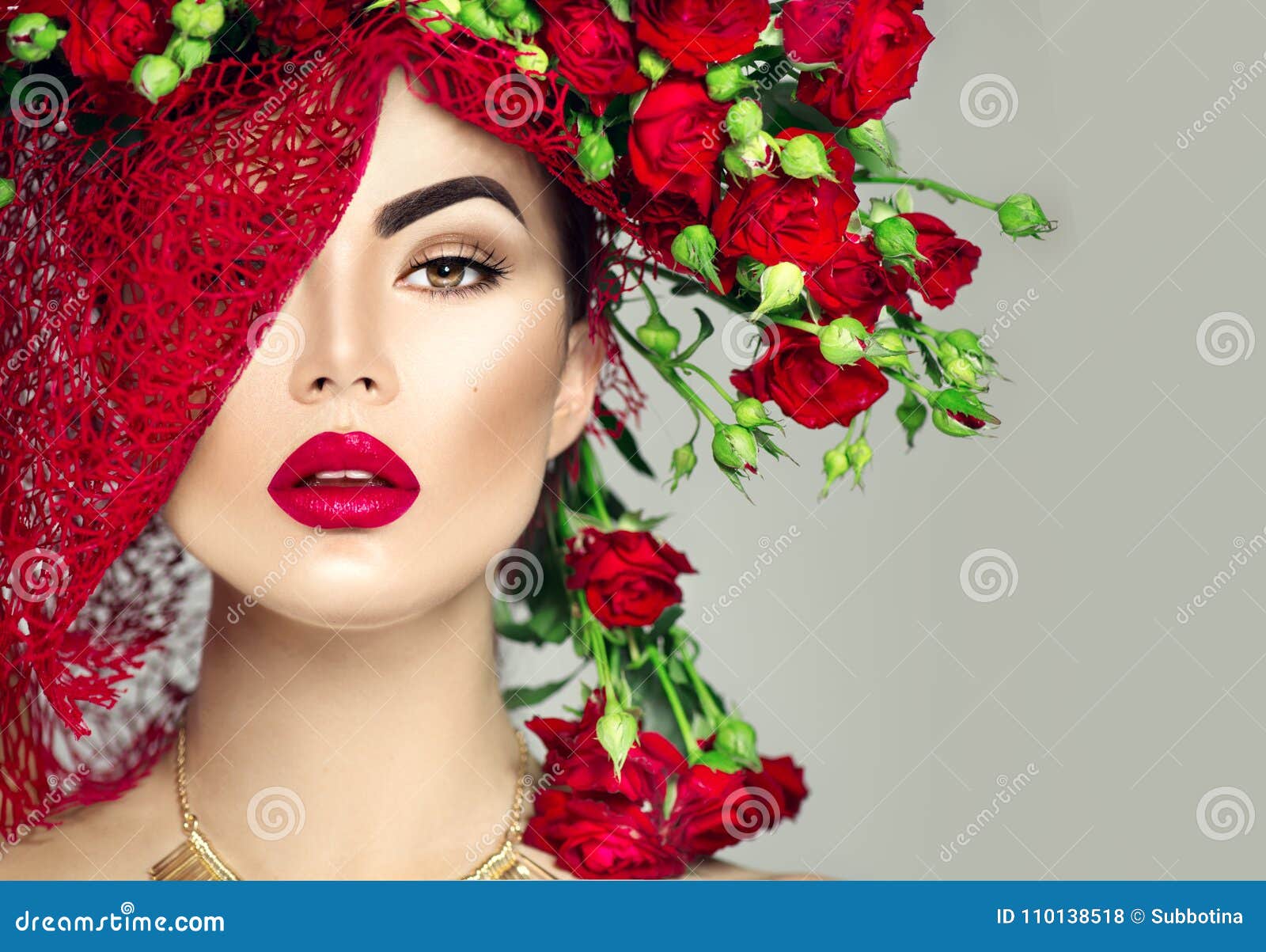 model girl with red roses flower wreath and fashion makeup. flowers hairstyle