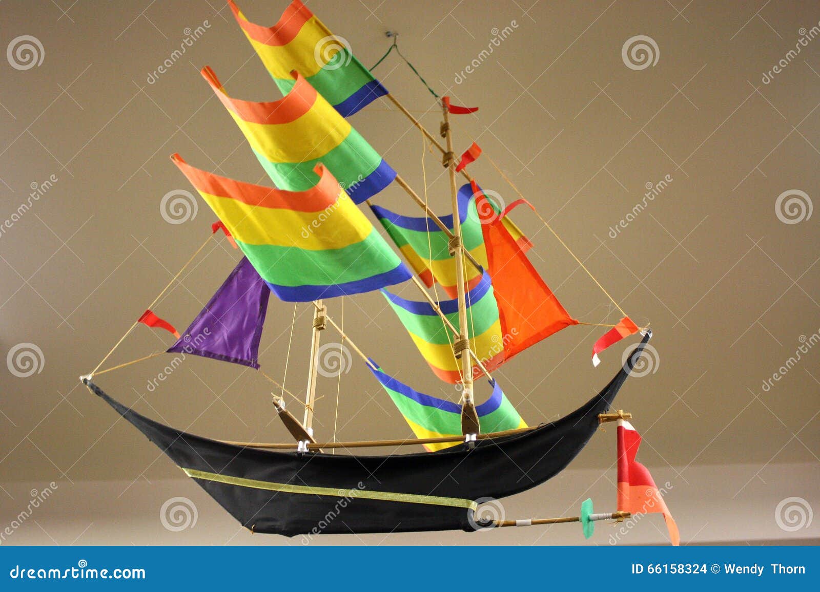 Model Historic Sailing Ship Rainbow Colors Sails Stock Photo