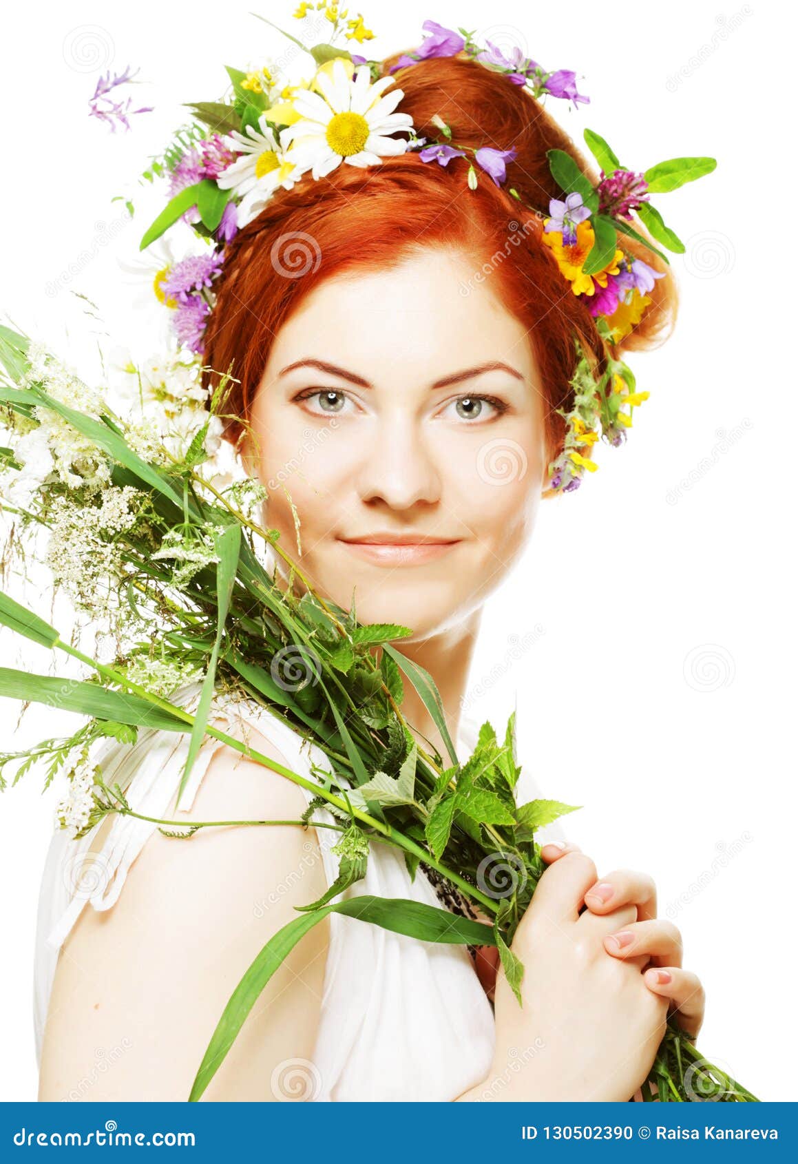 Redhair Model with Large Hairstyle and Flowers in Her Hair and with ...