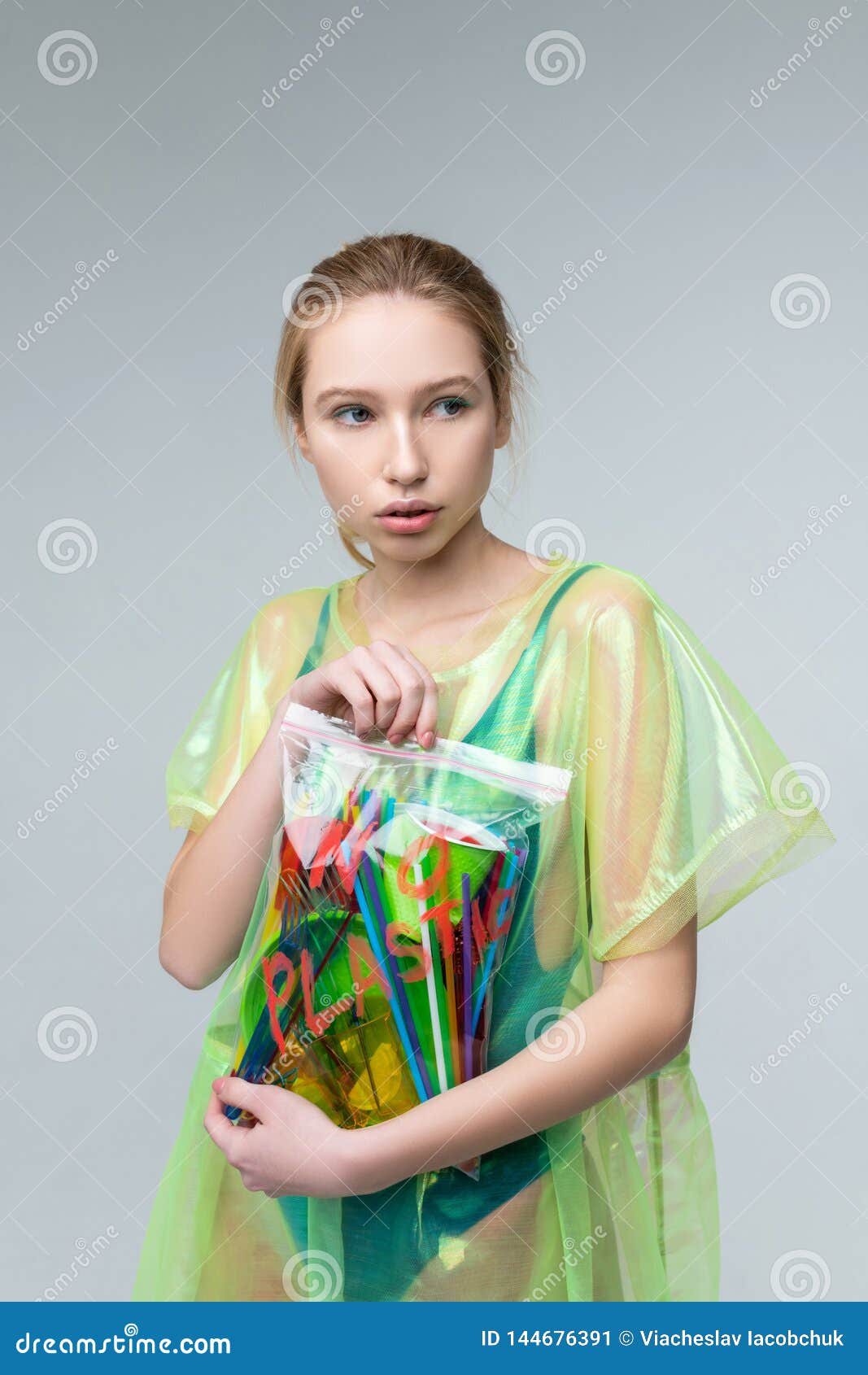 model posing in plastic clothes taking part in social campaign