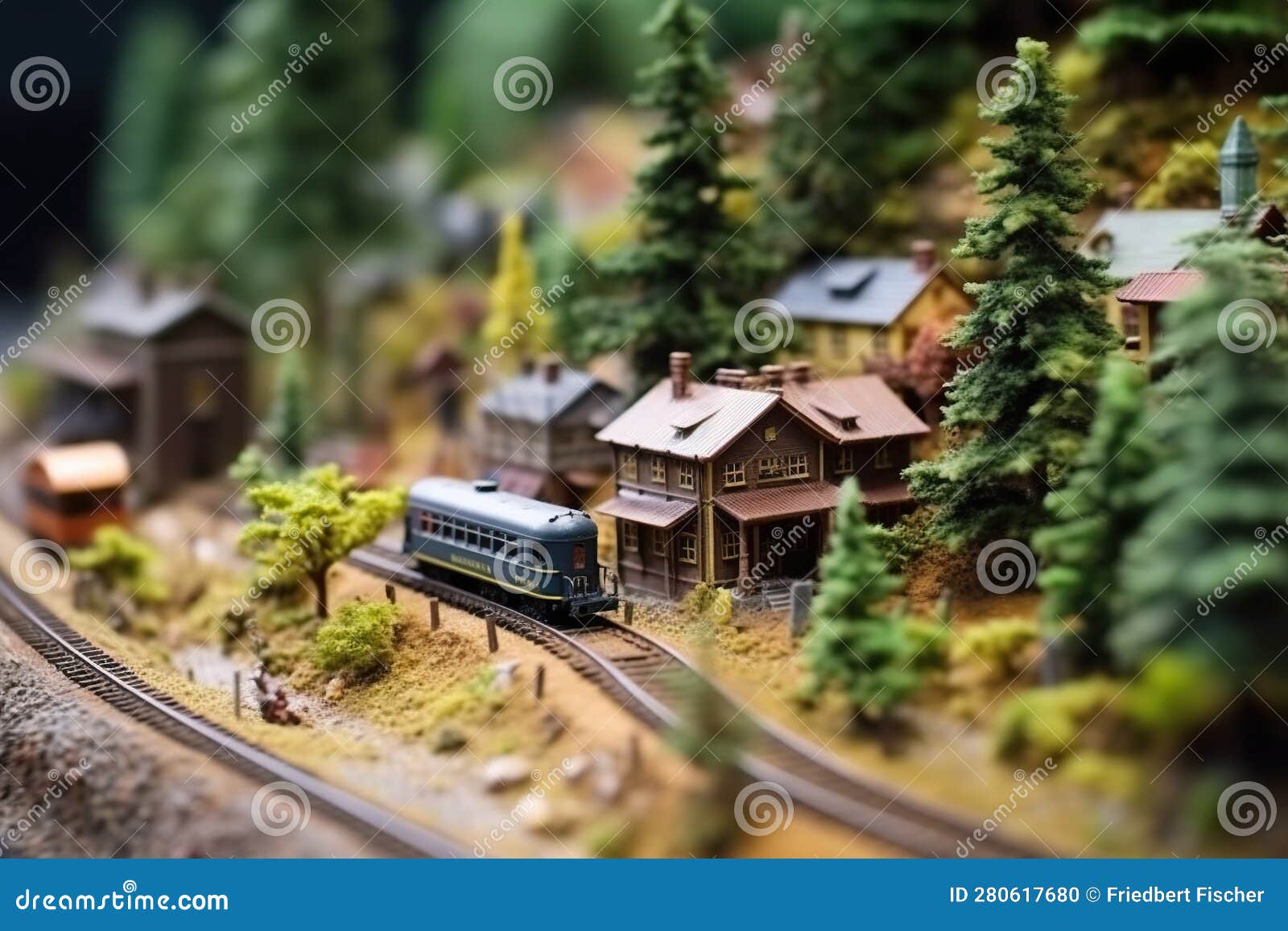 A Model Train is on the Tracks Near a Small Town. Generative AI Image