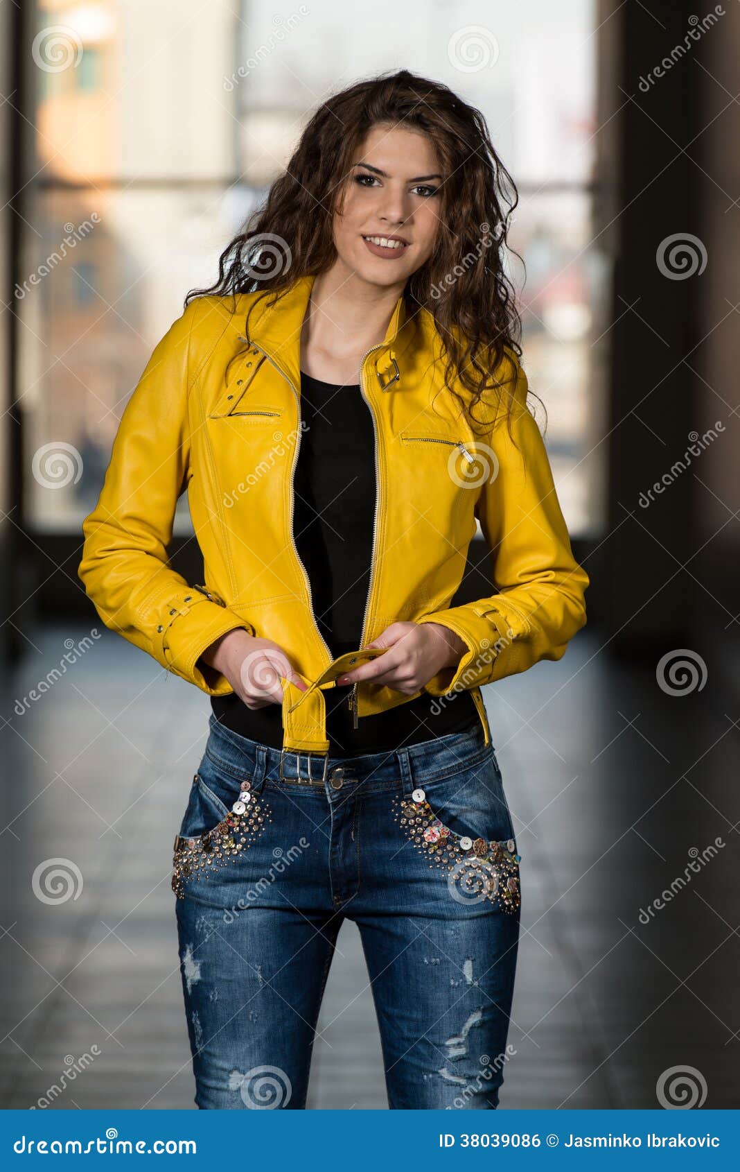 Model Wearing Yellow Leather Jacket Stock Photo Image of cool, adult