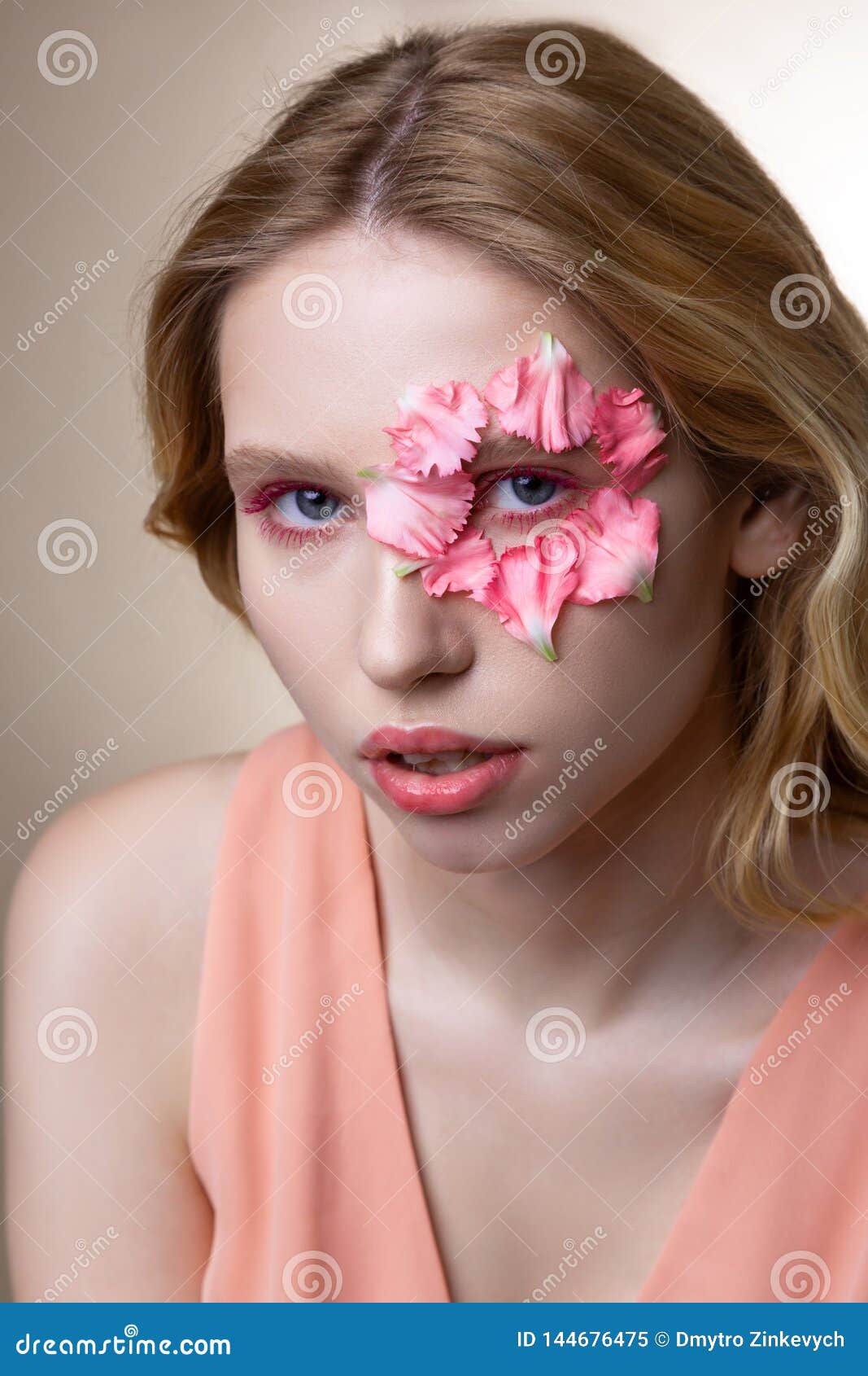 Professional Model Working Showing Poses with Petals on Face Stock