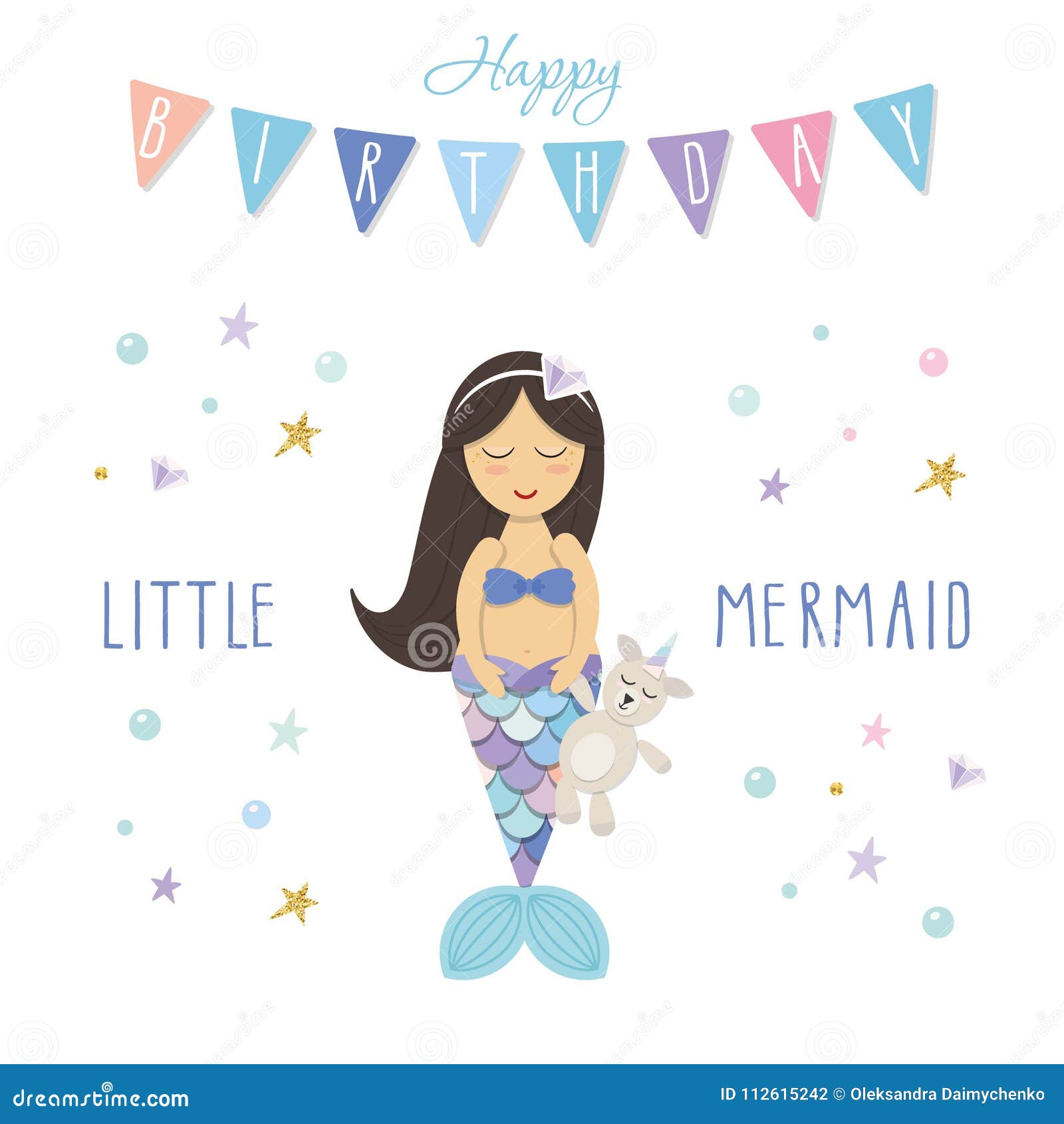 Modello Del Biglietto Di Auguri Per Il Compleanno Piccola Sirena Con Il Giocattolo Dell Unicorno Personaggi Dei Cartoni Animati S Illustrazione Di Stock Illustrazione Di Stamina Scheda