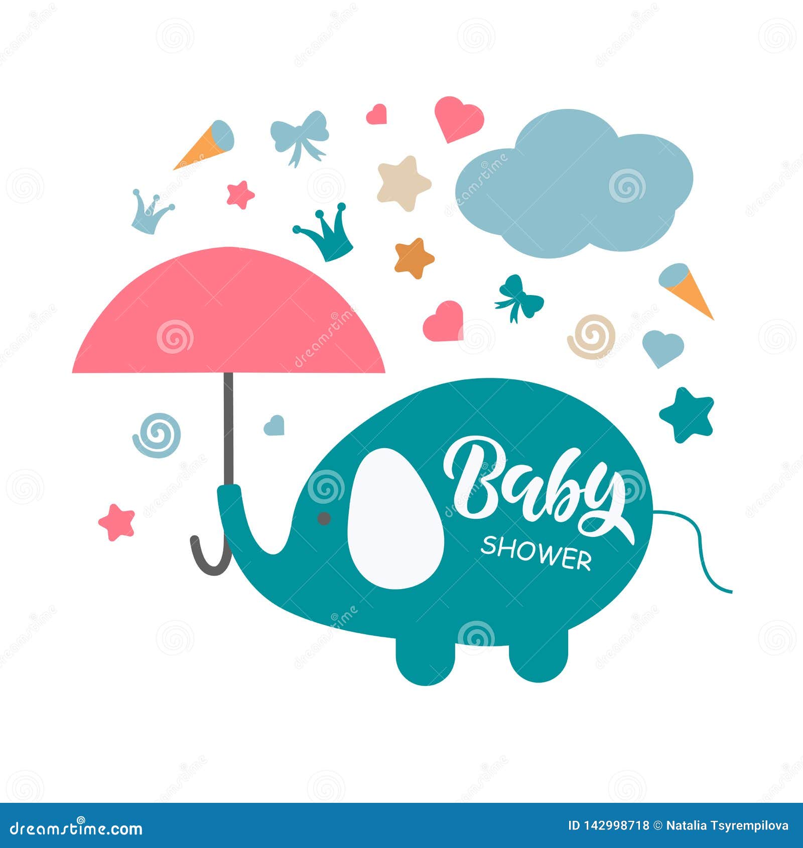 Modello dell'invito della doccia di bambino con l'iscrizione della mano - L'archivio di vettore Elefante con l'ombrello Pioggia sveglia