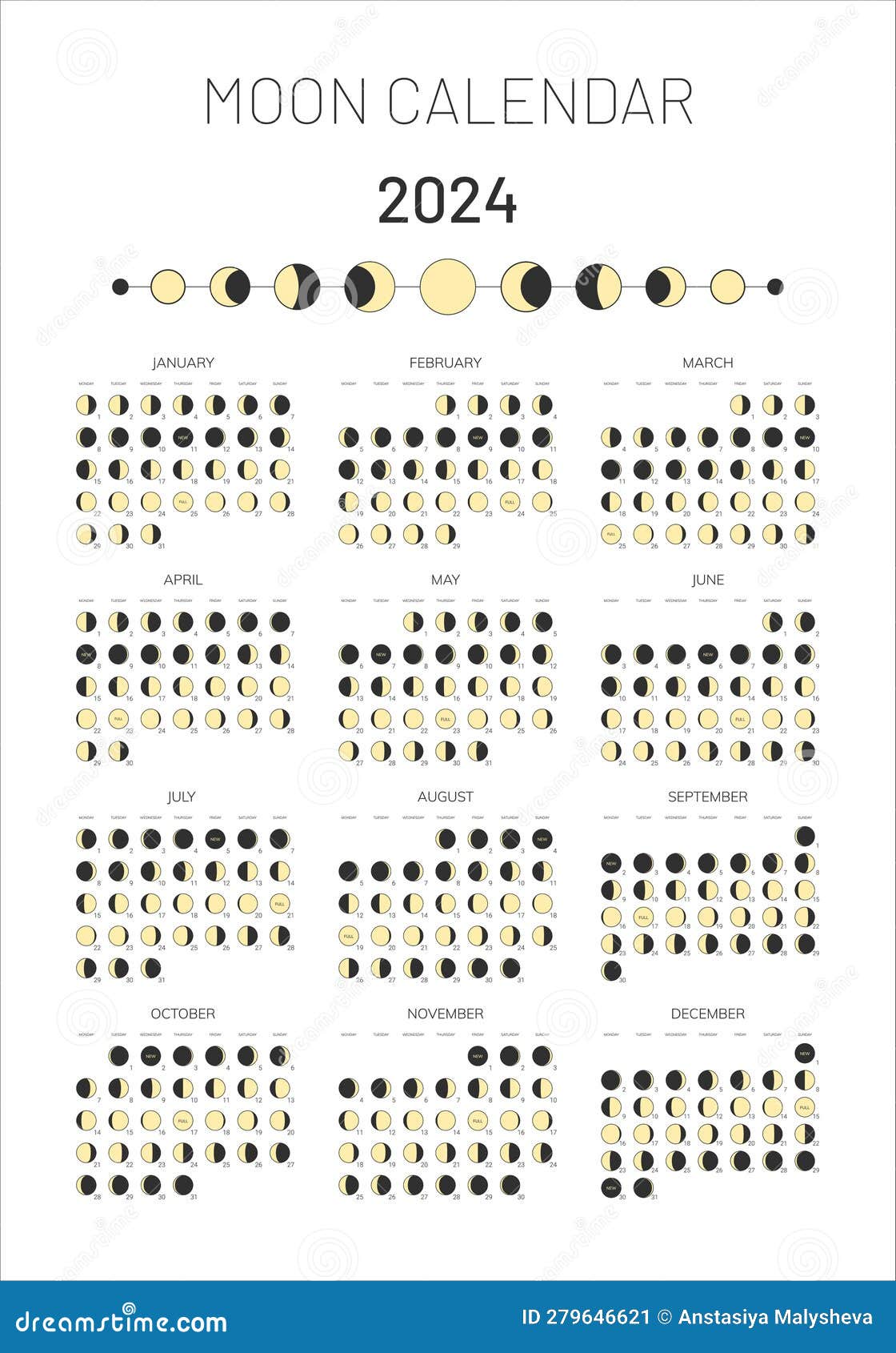 Modello Di Calendario Lunare 2024 Illustrazione Vettoriale - Illustrazione  di cosmico, calandri: 279646621