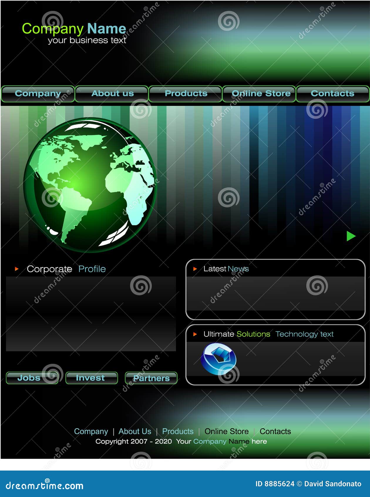 Modello di Web site di affari. Il modello fragile di Web site di affari con l'azzurro ed il verde progettano gli elementi