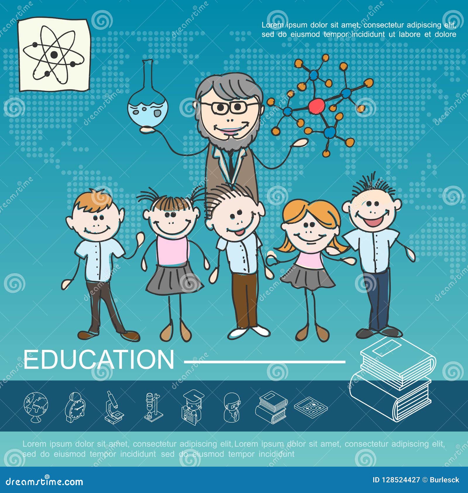 Il modello disegnato a mano di istruzione scolastica con sorridere scherza la provetta della tenuta dell'insegnante ed il modello dell'illustrazione di vettore della struttura molecolare