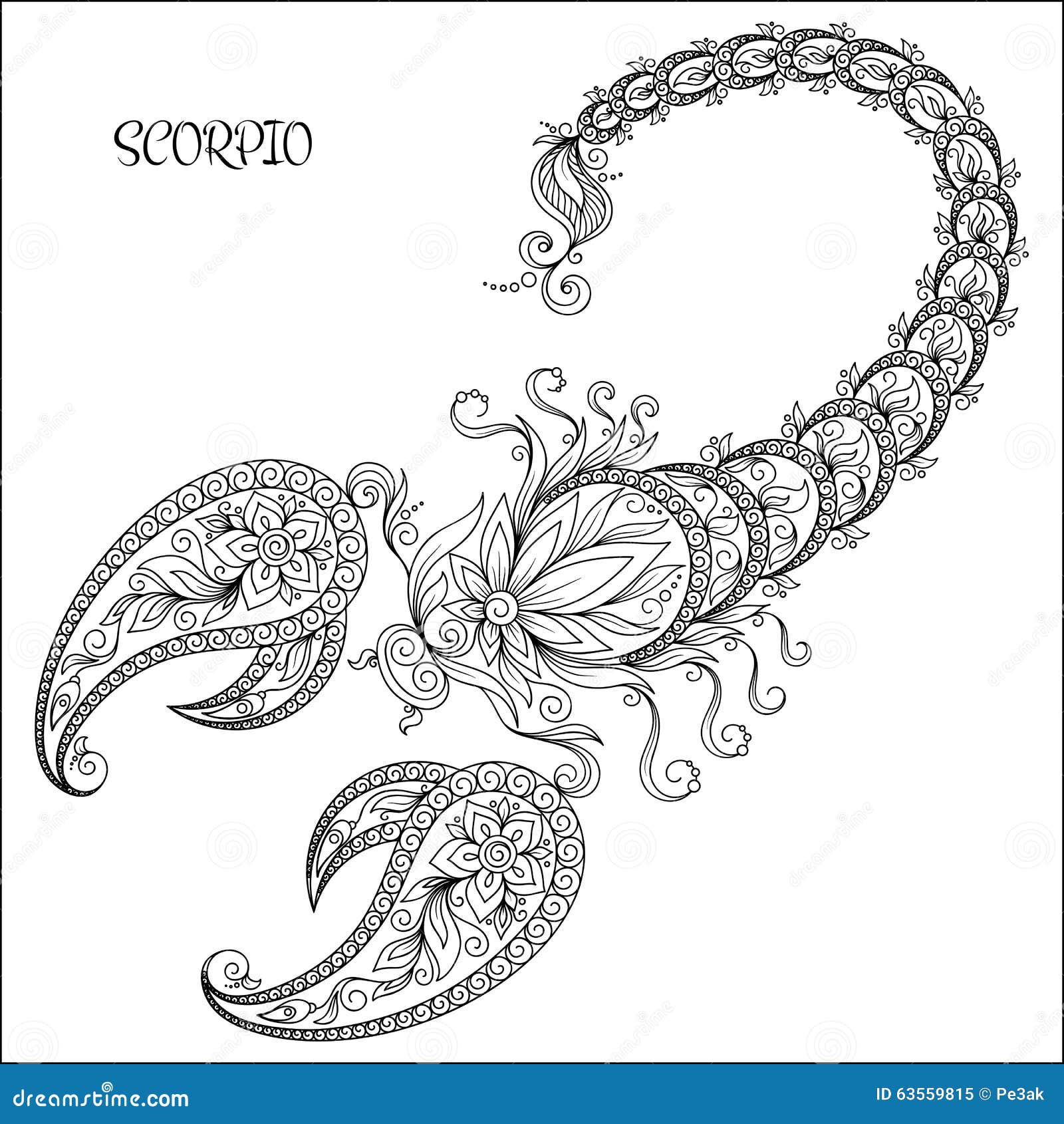 Modello disegnato a mano per lo scorpione dello zodiaco del libro da colorare