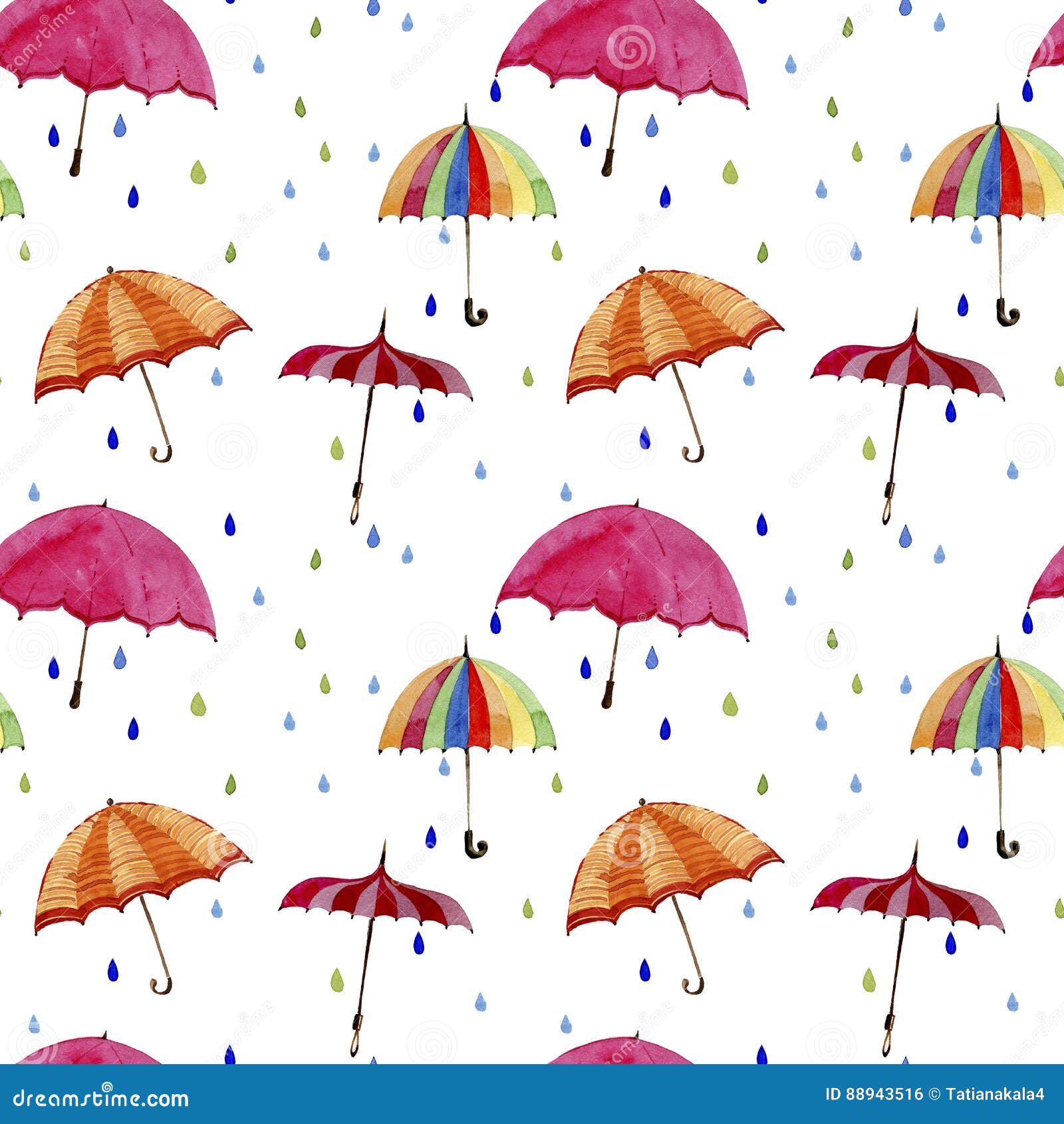 Modello senza cuciture dell'acquerello Ombrelli e gocce di pioggia su fondo bianco. Ombrelli e gocce di pioggia di Multicolors su fondo bianco
