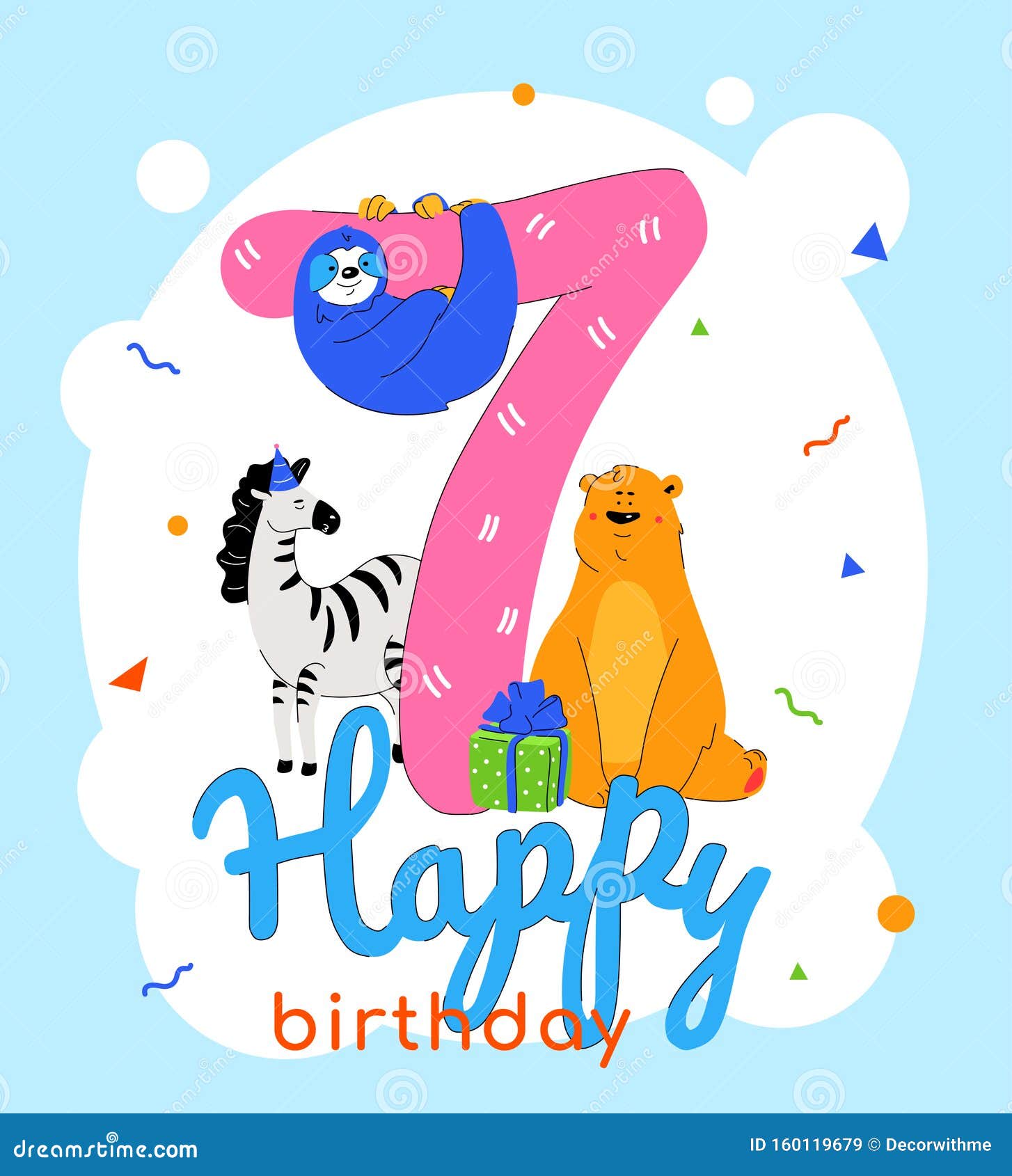 Modello Vettore Scheda Di Auguri Per Il Settimo Compleanno Dei Bambini Illustrazione Vettoriale Illustrazione Di Childish Animale