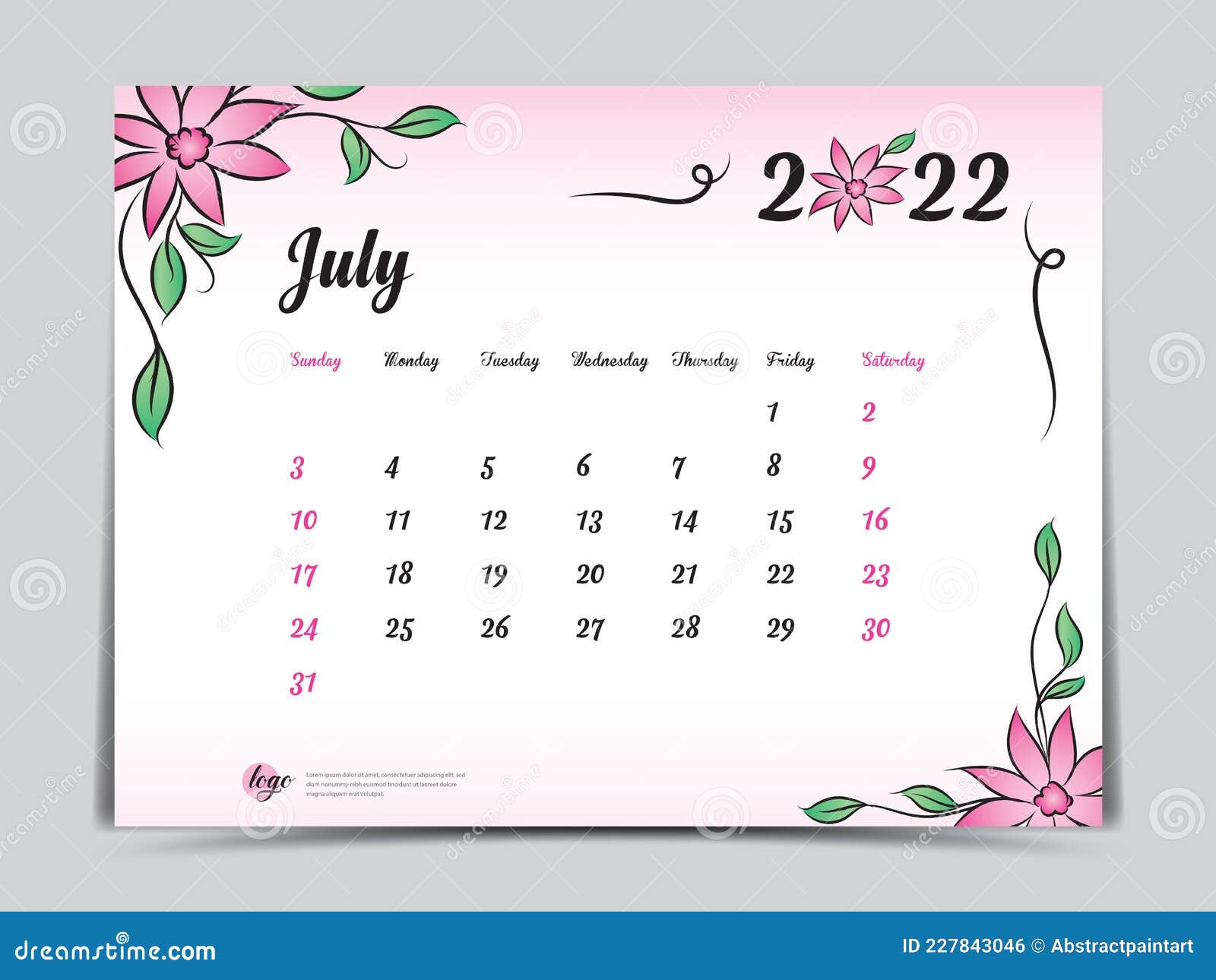 Modelo De Calendário 2022 Com Flores Cor-de-rosa Plano De Fundo Julho De  2022 Modelo De Calendário Mensal Com Padrões Naturais Da Ilustração do  Vetor - Ilustração de flores, planejador: 227843046