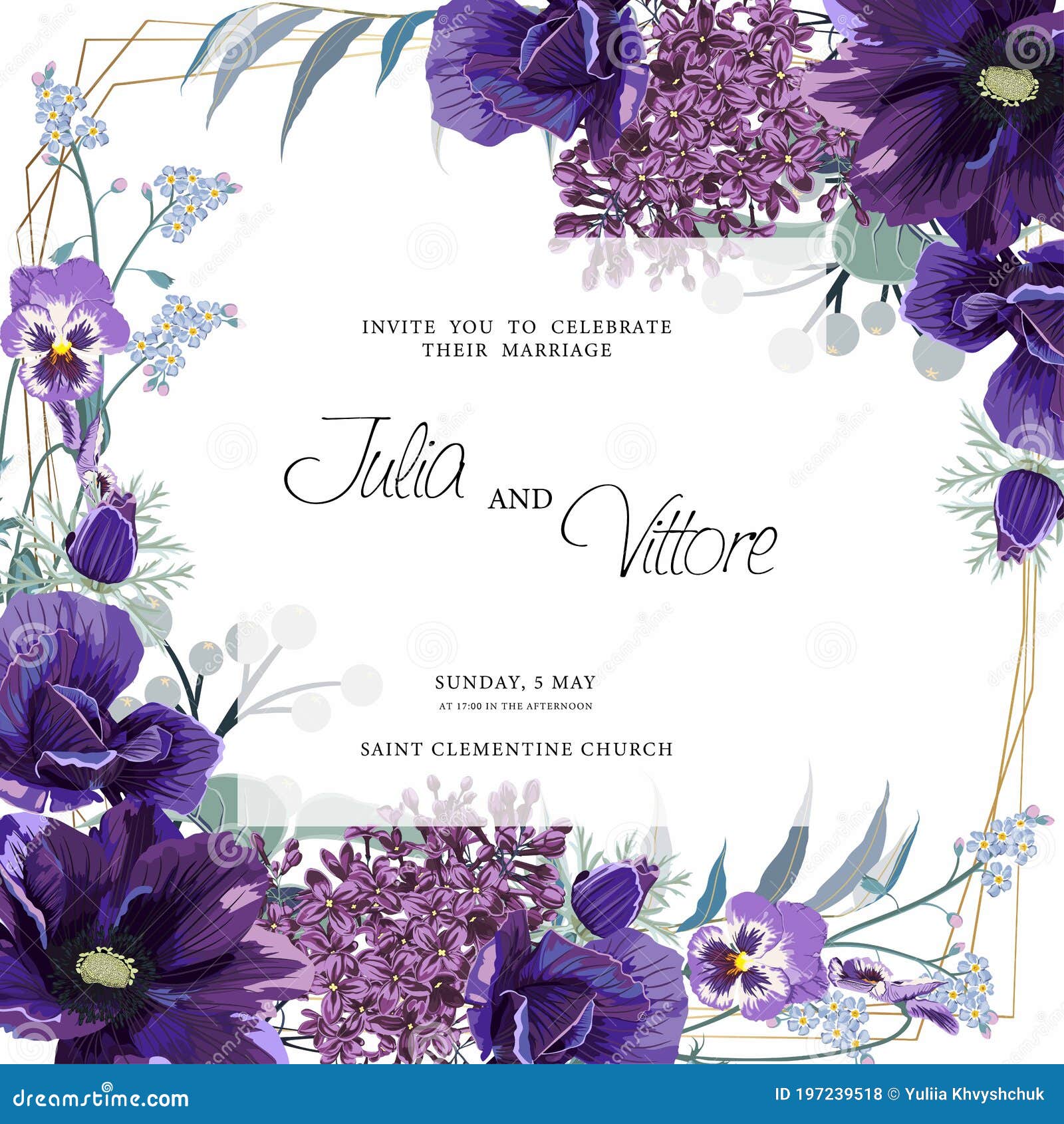 Modelo De Cartão De Convite Para O Casamento Floral Desenho De Flores Lilás  Violeta-anêmonas Em Branco Violeta-vintage. Ilustração do Vetor -  Ilustração de convite, arte: 197239518