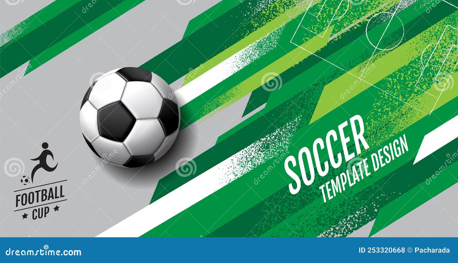 Banner da web com ilustração de bola de futebol ou futebol e campo de jogo  verde estilizado com bases