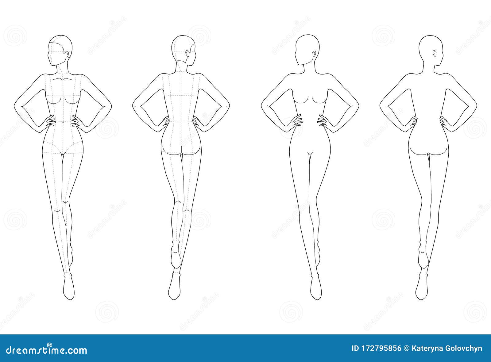 Modelo de moda de mulheres em poses diferentes 9 tamanho de cabeça para  desenho técnico