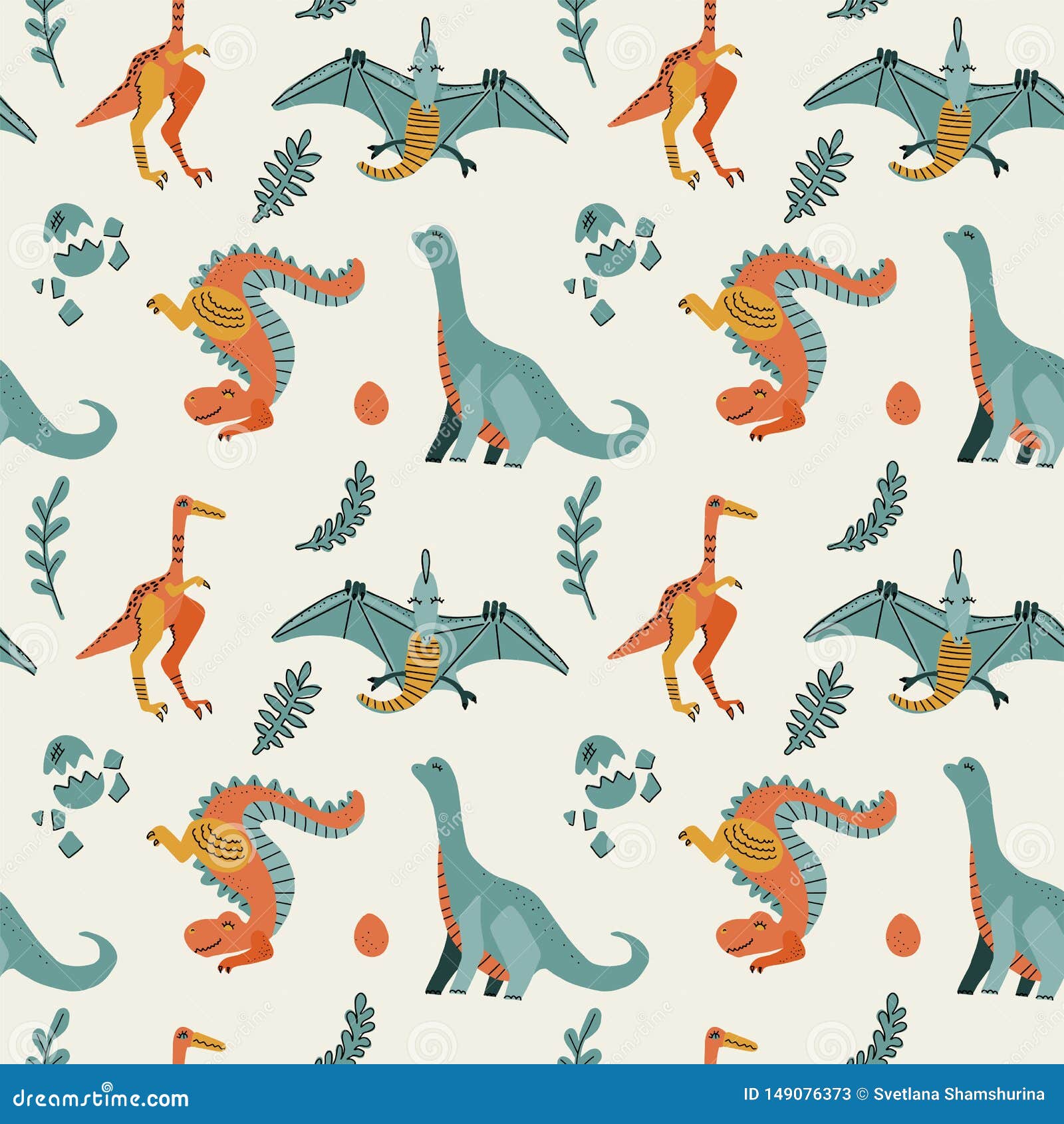 Cute Childish Seamless Vector Pattern with Dinosaurs T-rex with Eggs,  Decor. Funny Cartoon Dino Pterodactyl Imagen de archivo - Imagen de trendy,  historieta: 149076373