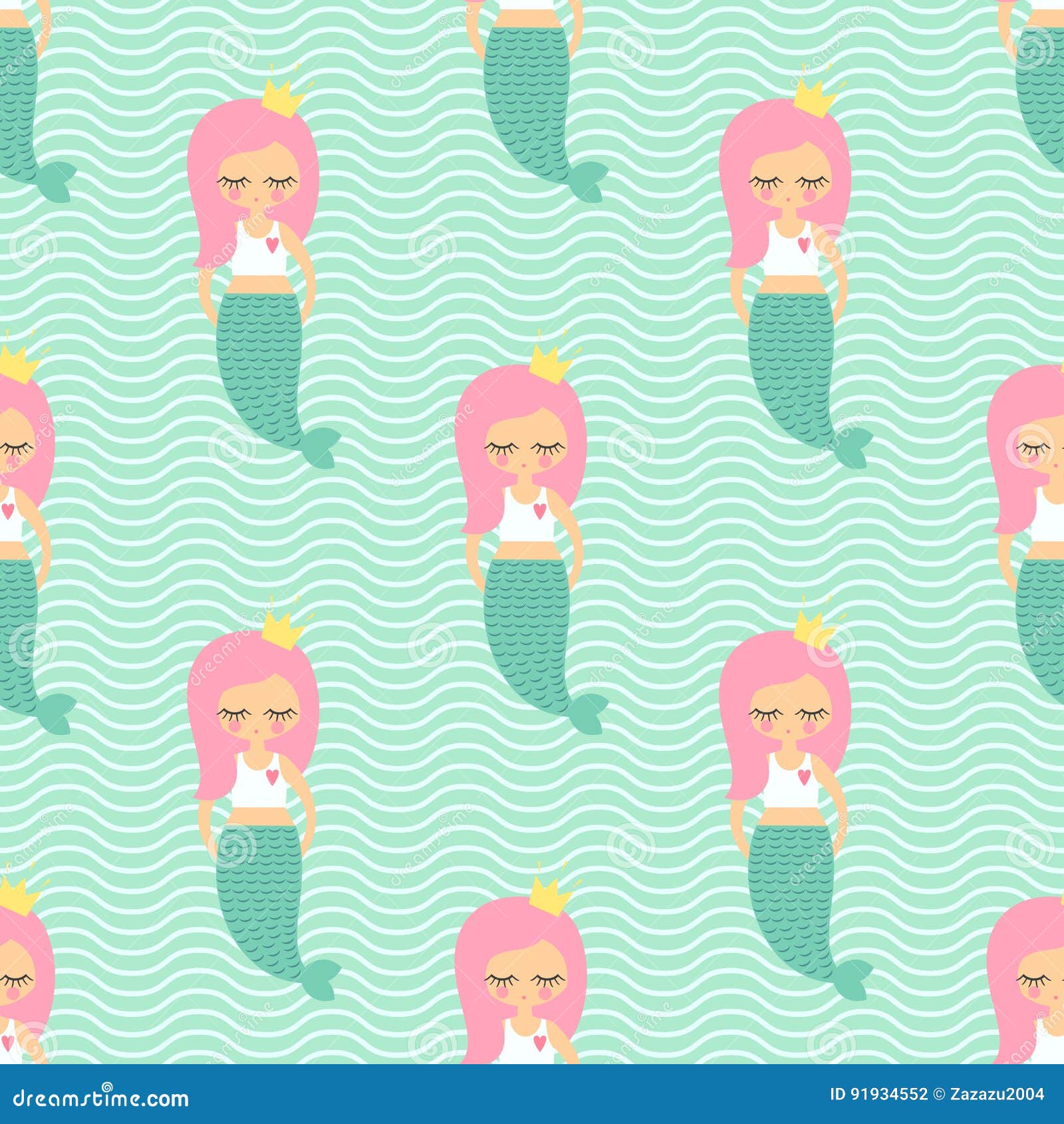 Modelo inconsútil del pelo de la muchacha rosada linda de la sirena en fondo de las ondas de verde menta Fondo del mar del vector para los niños Diseño para la tela, materia textil, decoración