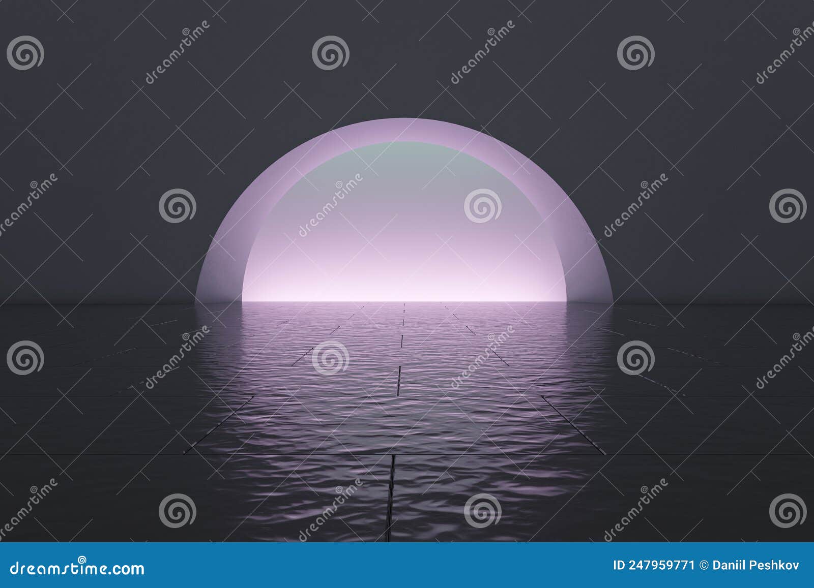 modern abstract dark round exit or entrance sphere with light, reflections and mock up place. creative water ripple tile floor. 3d