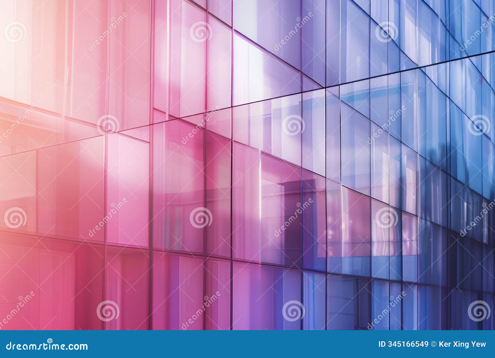 modern abstract glass building facade with vibrant pink and blue reflections in urban cityscape