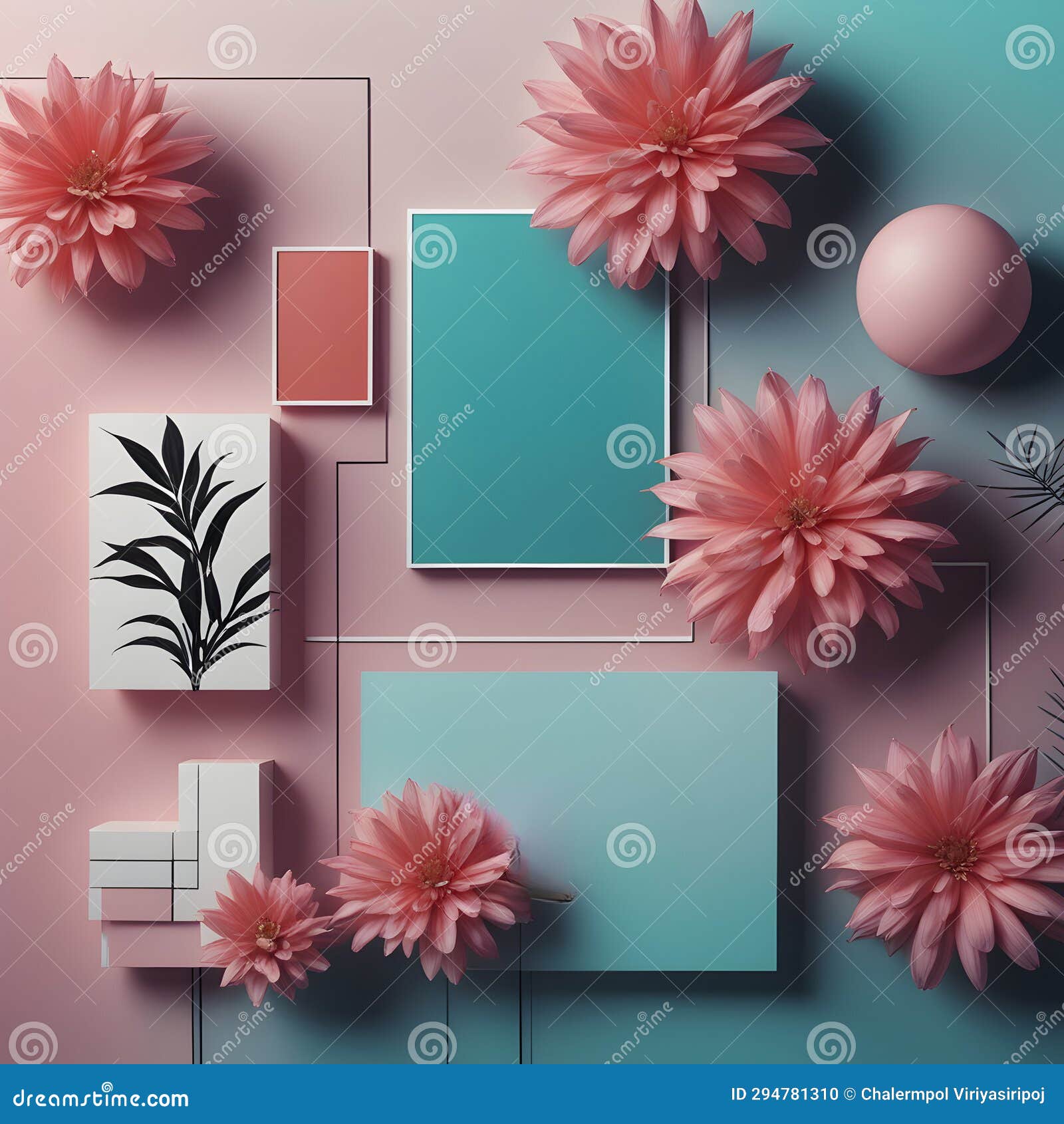 Modern Aesthetic Background with Flower,pastel Pink-blue. Stock
