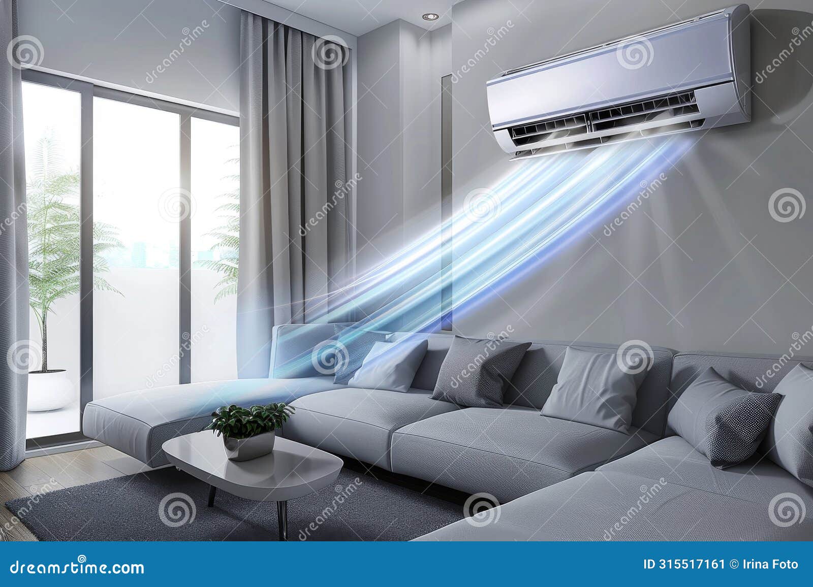 Modern Air Conditioner in a Living Room Interior with Sofa. Stock Image