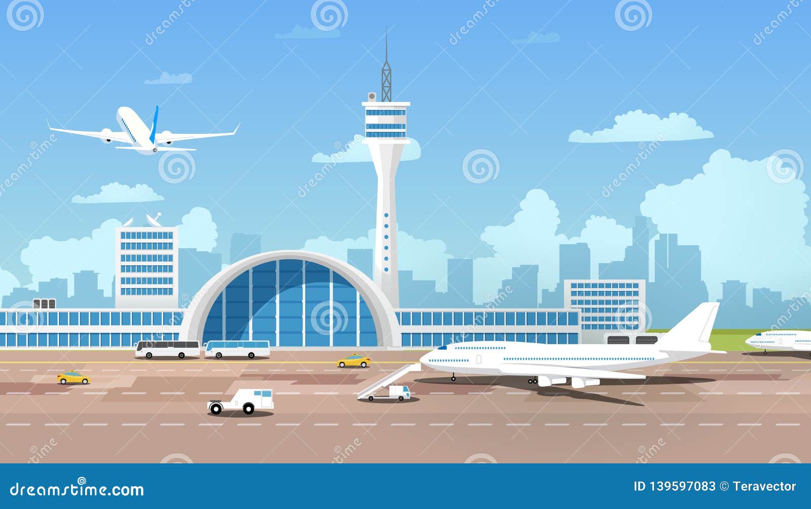 Modern Airport Terminal and Runaway Cartoon Vector Stock Vector