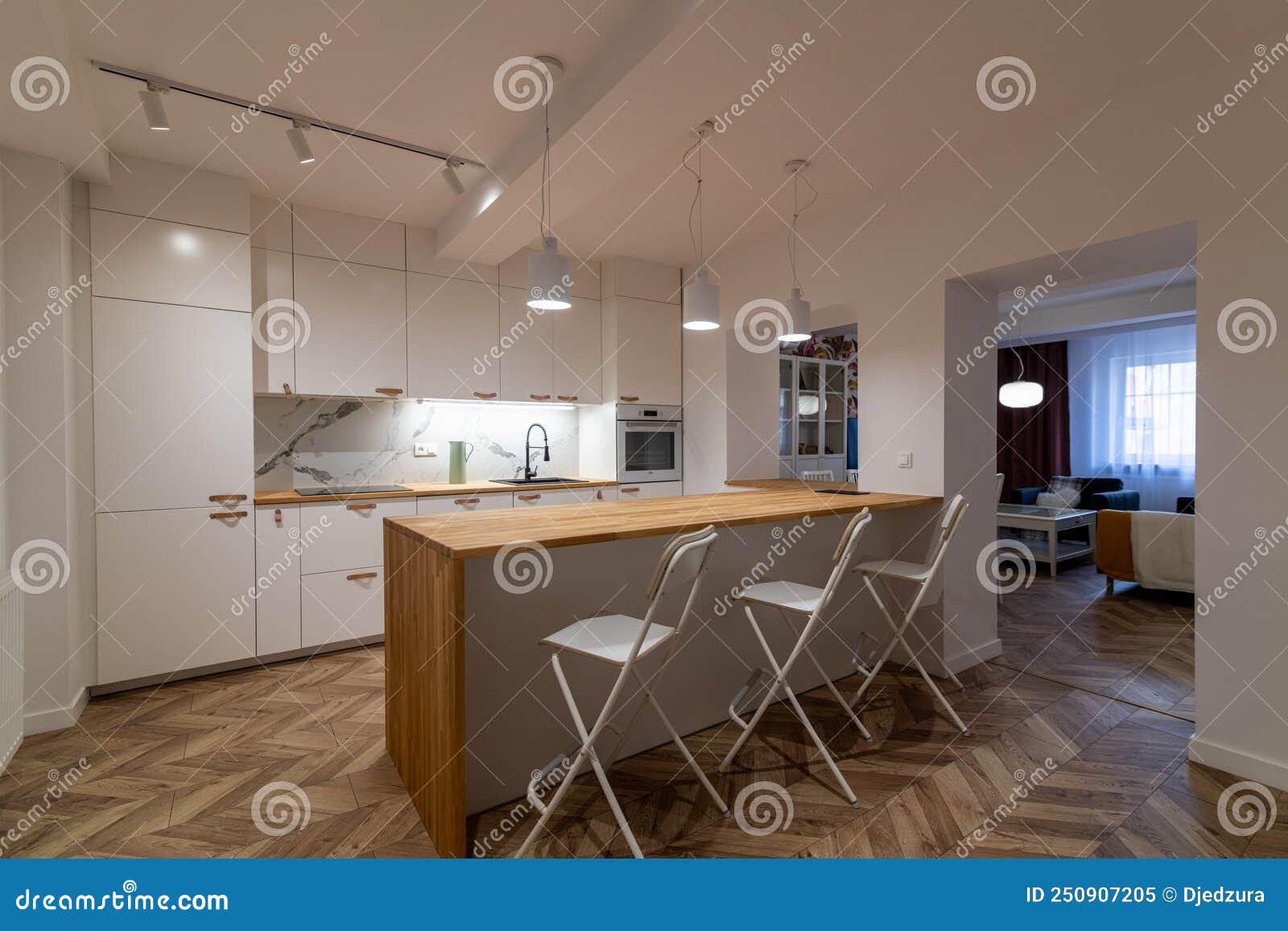 Modern Apartment Kitchen with a Counte Stock Image Image of floor