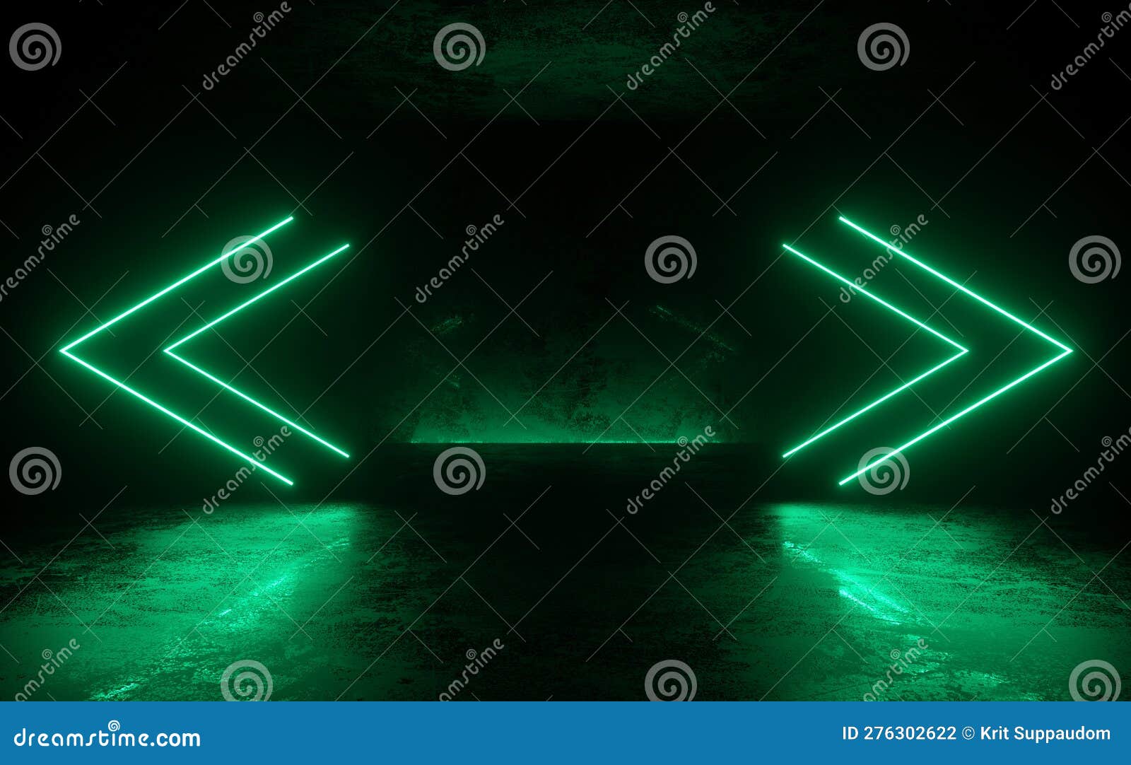 modern arrow green illumination neon laser futuristic glowing underground concrete grunge floor dark room 3d rendering