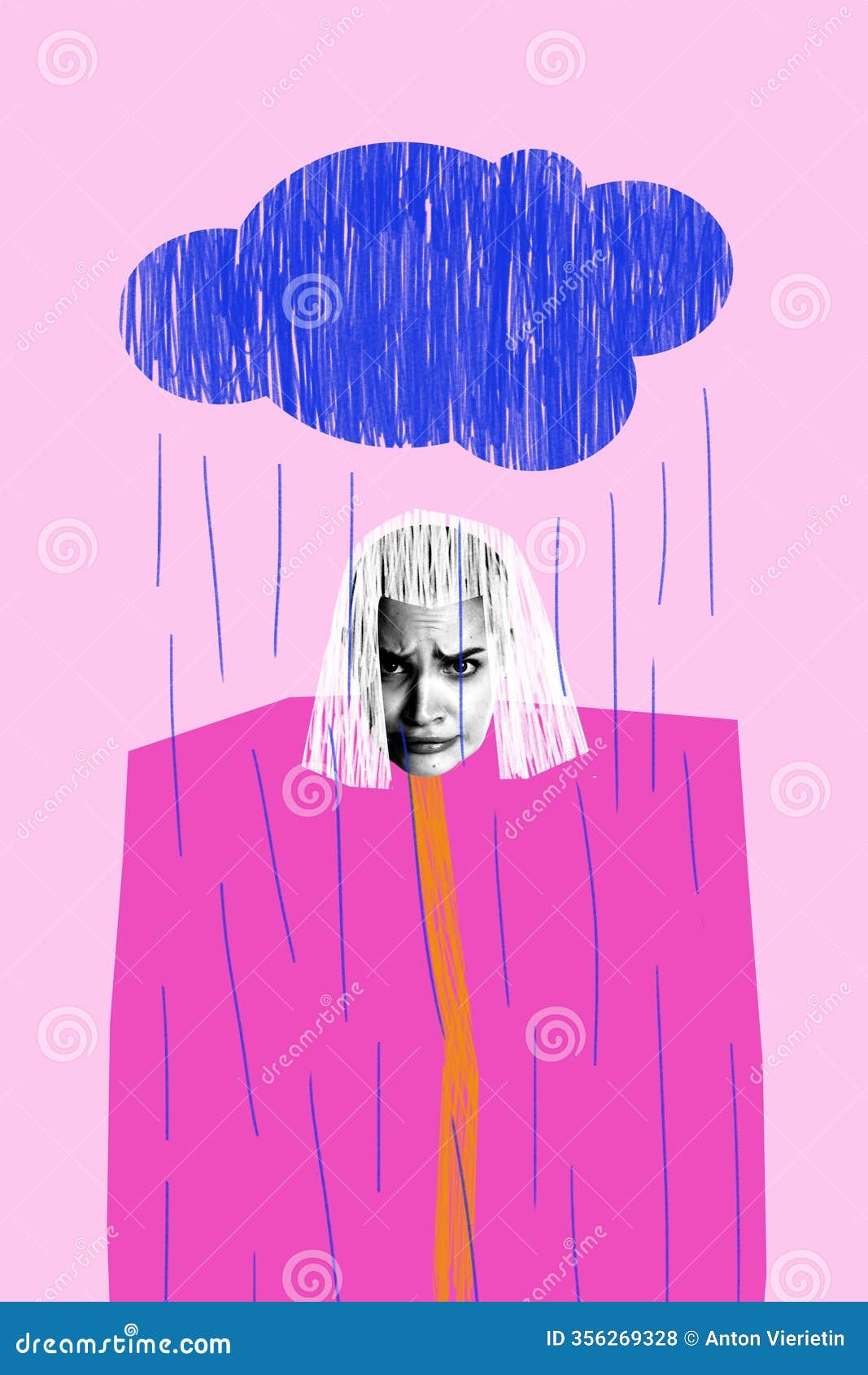 modern art . woman under blue cloud, rain falling, dressed in pink, showcasing ic representation of
