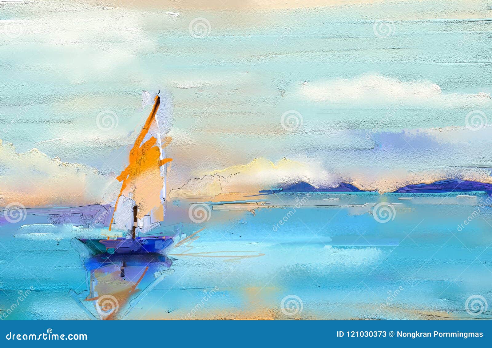 modern art oil paintings with boat, sail on sea. abstract contemporary art for background
