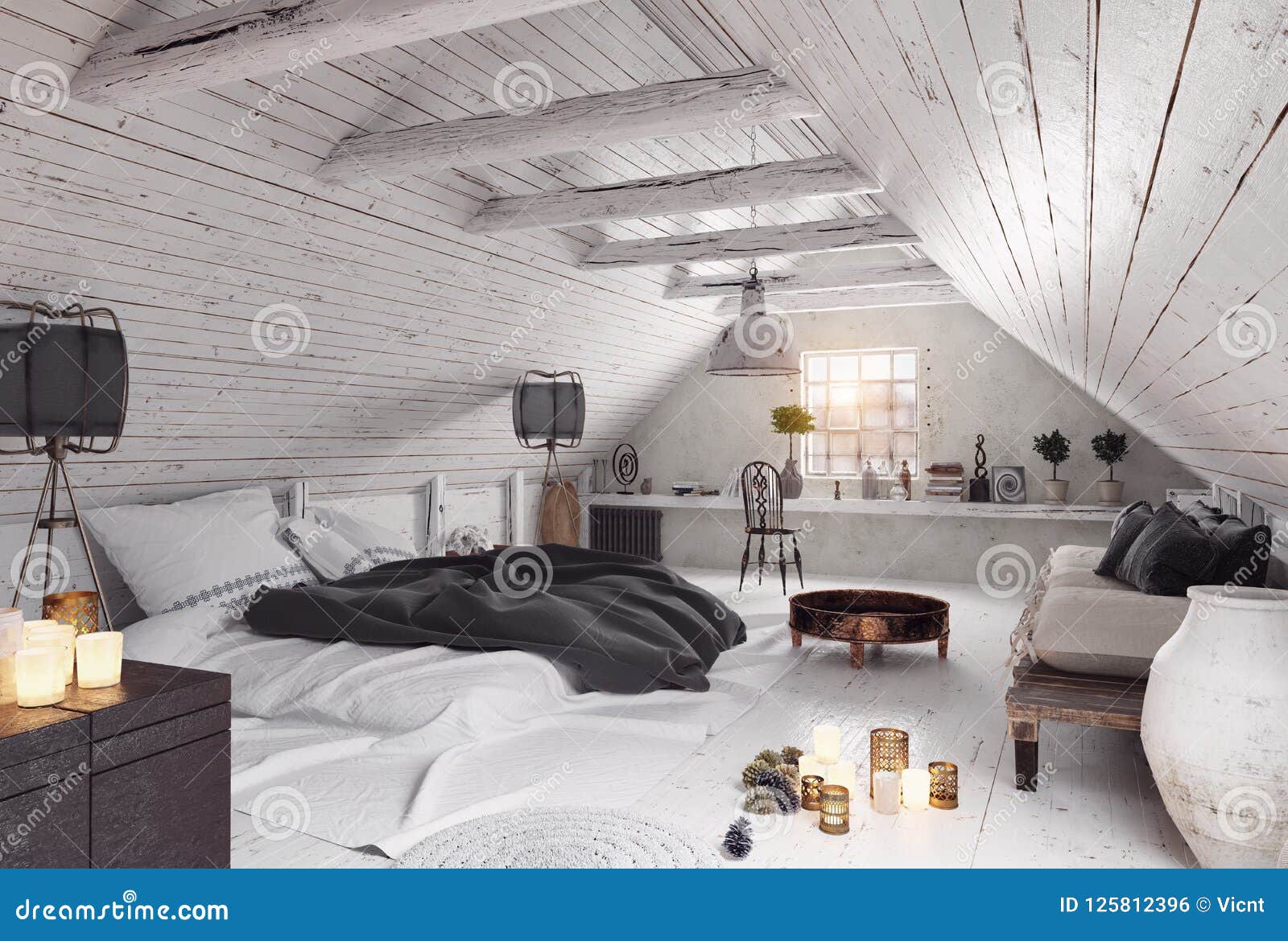 Modern Attic Bedroom Design D Rendering Interior Concept Modern Attic Bedroom Design 125812396 