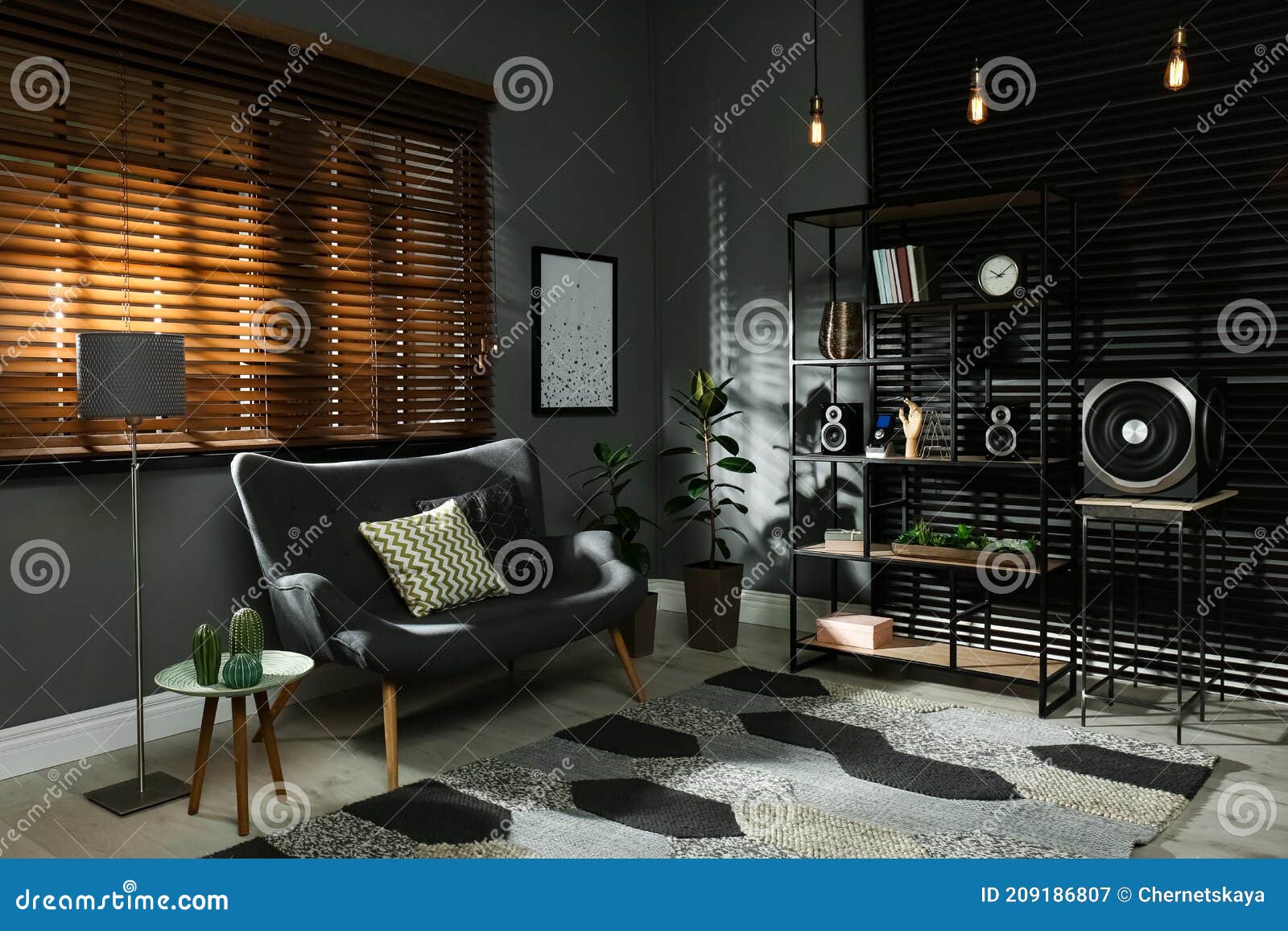 Modern Audio Speaker System on Shelving in Living Room. Interior Design