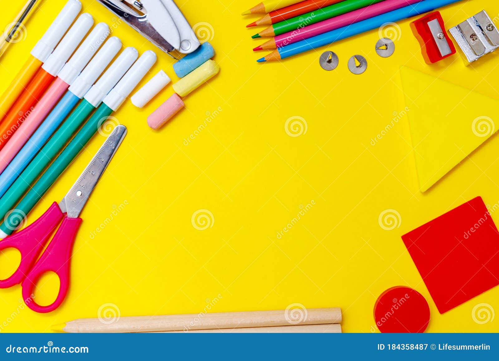 Modern Back To School Flatlay, Great Design for Any Purposes. Yellow Table  Background. Learning Concept. Design Element Stock Image - Image of happy,  paper: 184358487
