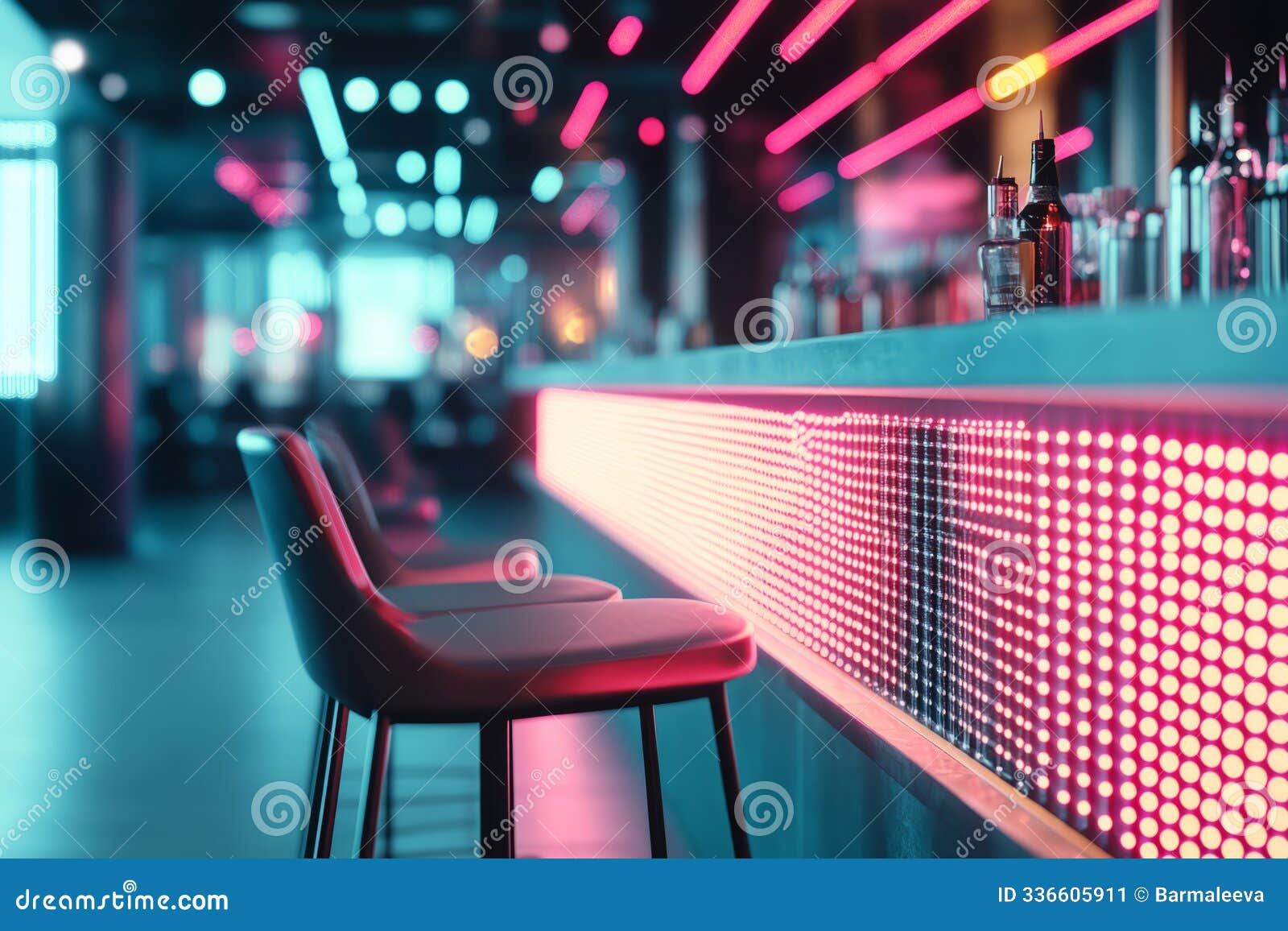 modern bar with illuminated neon lighting, empty stools and a stylish counter