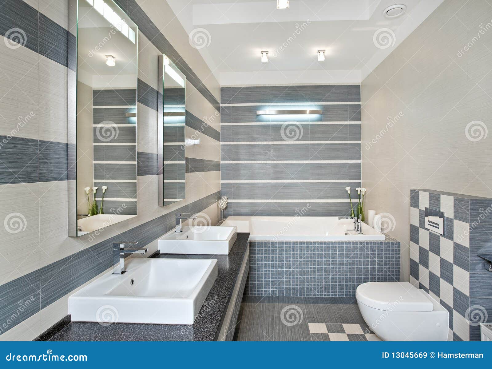 Modern Bathroom in Blue and Gray Tones with Mosaic Stock Image Image