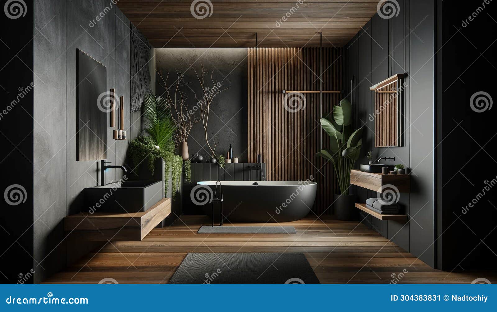 A Modern Bathroom with a Dark Interior, Designed in a Natural Style ...