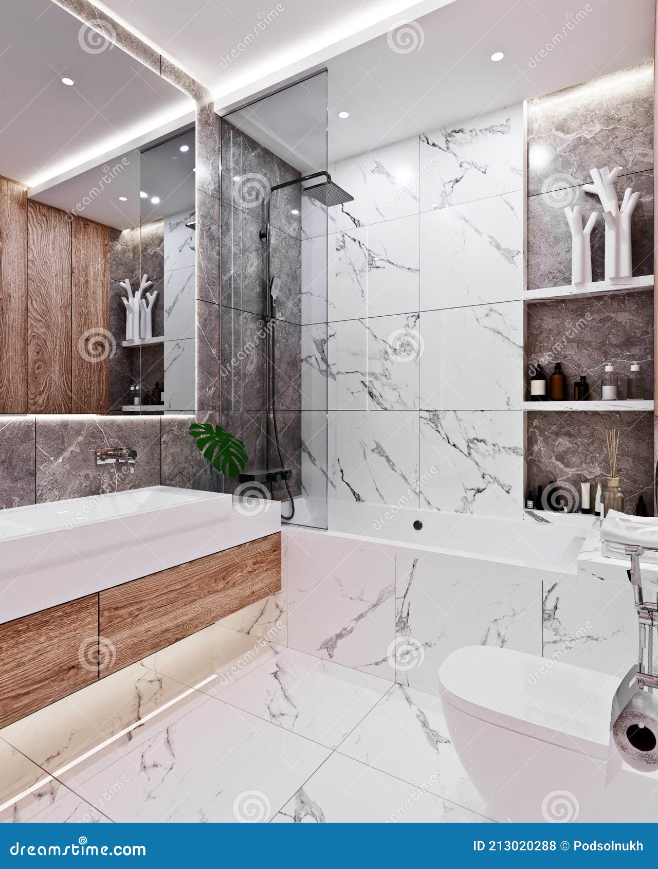 Modern Bathroom Design with Tiles Marble and Wood Stock Photo - Image ...