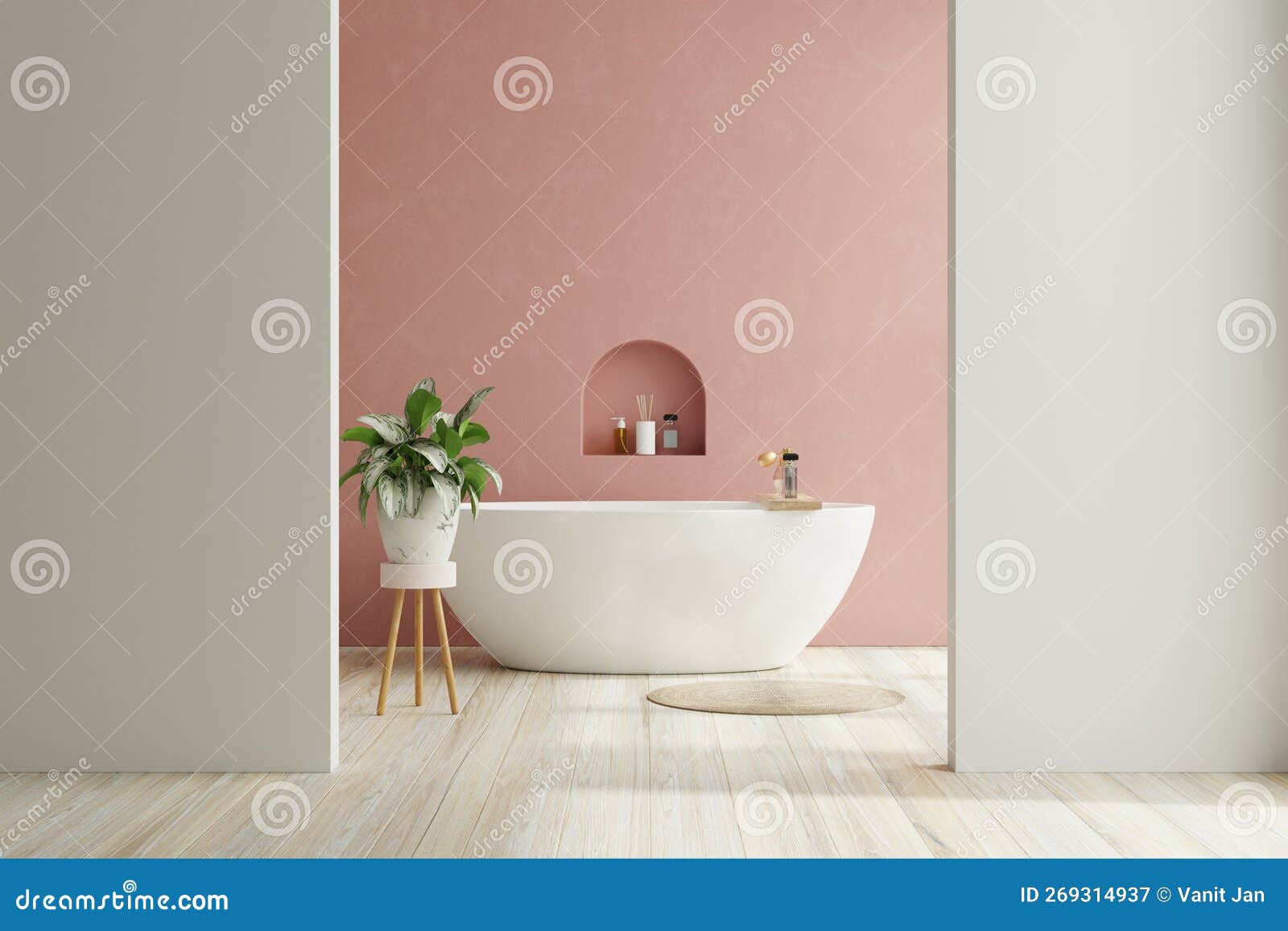Modern Bathroom Interior Design,white Bathtub on Grunge Pink Wall Stock