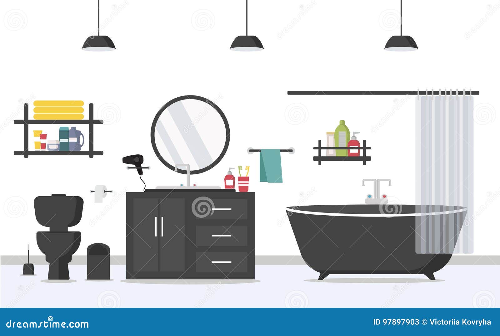 Modern Bathroom Interior With Furniture In Flat Style Stock Vector