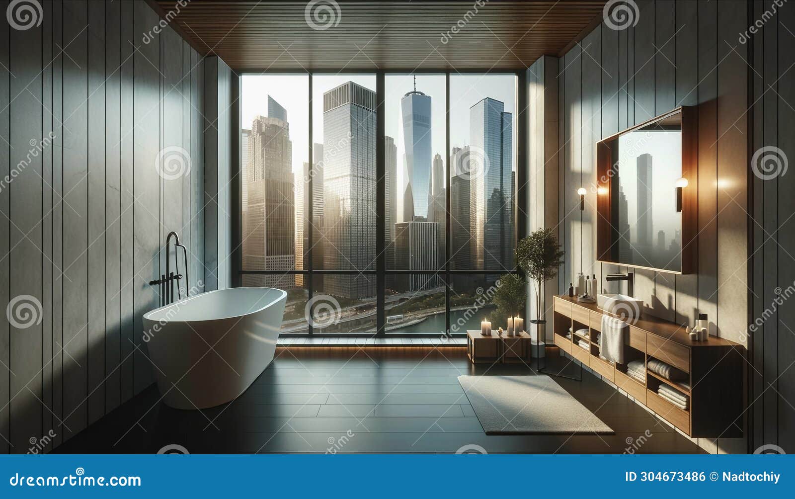A Modern Bathroom Interior with Large Windows Offering a View of ...