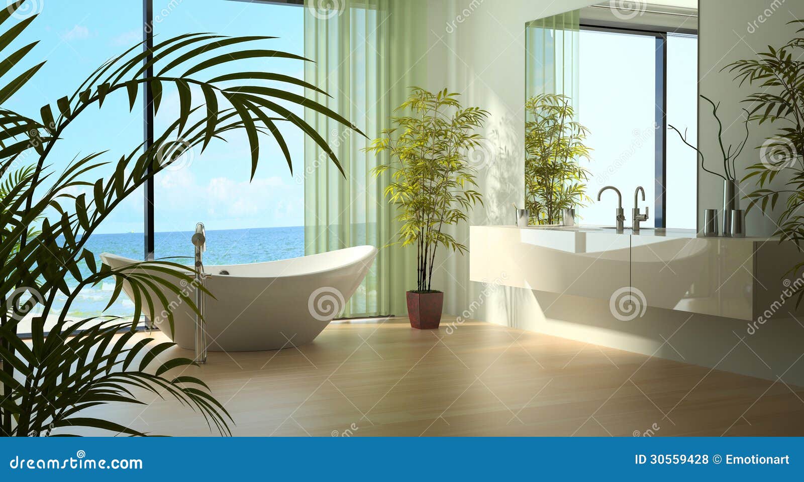 Modern Bathroom Interior with Seascape View Stock Illustration