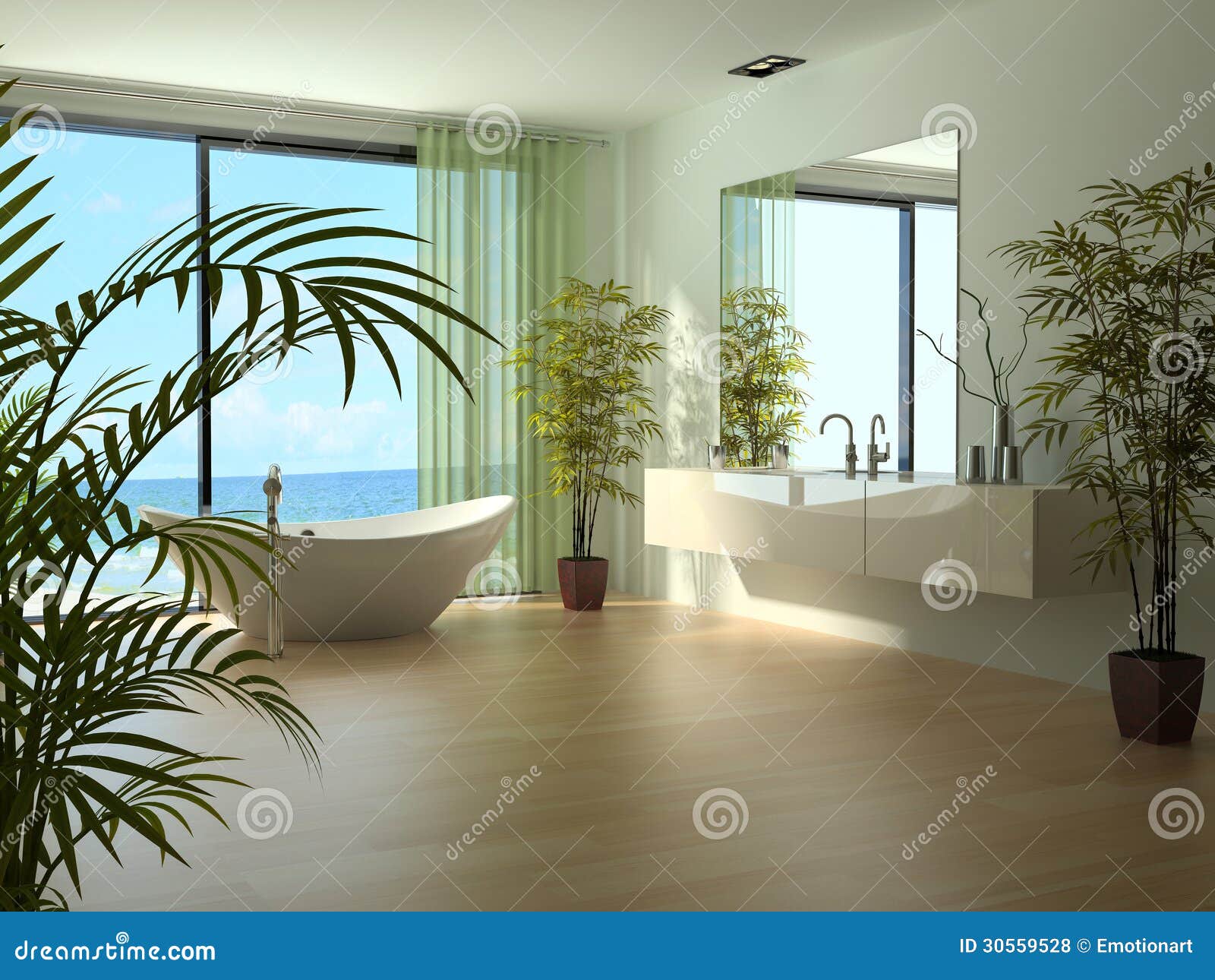 Modern Bathroom Interior with Seascape View Stock Illustration