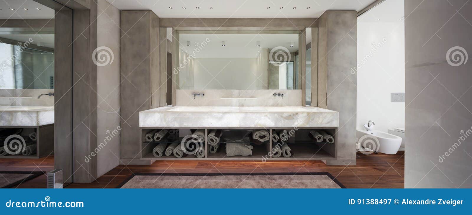 Modern Bathroom with Marble and Parquet, Nobody Stock Image - Image of ...