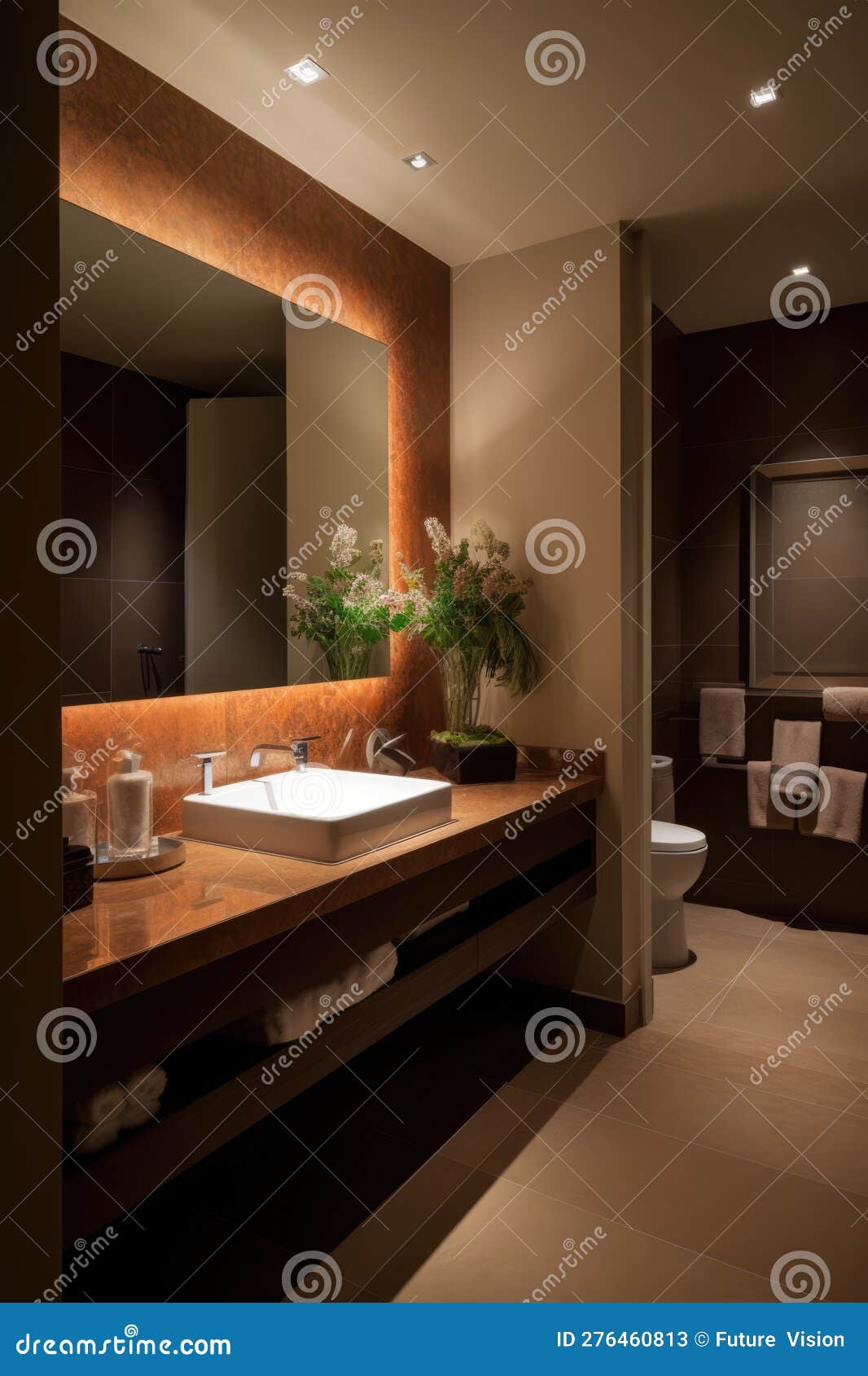 Modern Bathroom with Mirror and Lights, Created Using Generative Ai