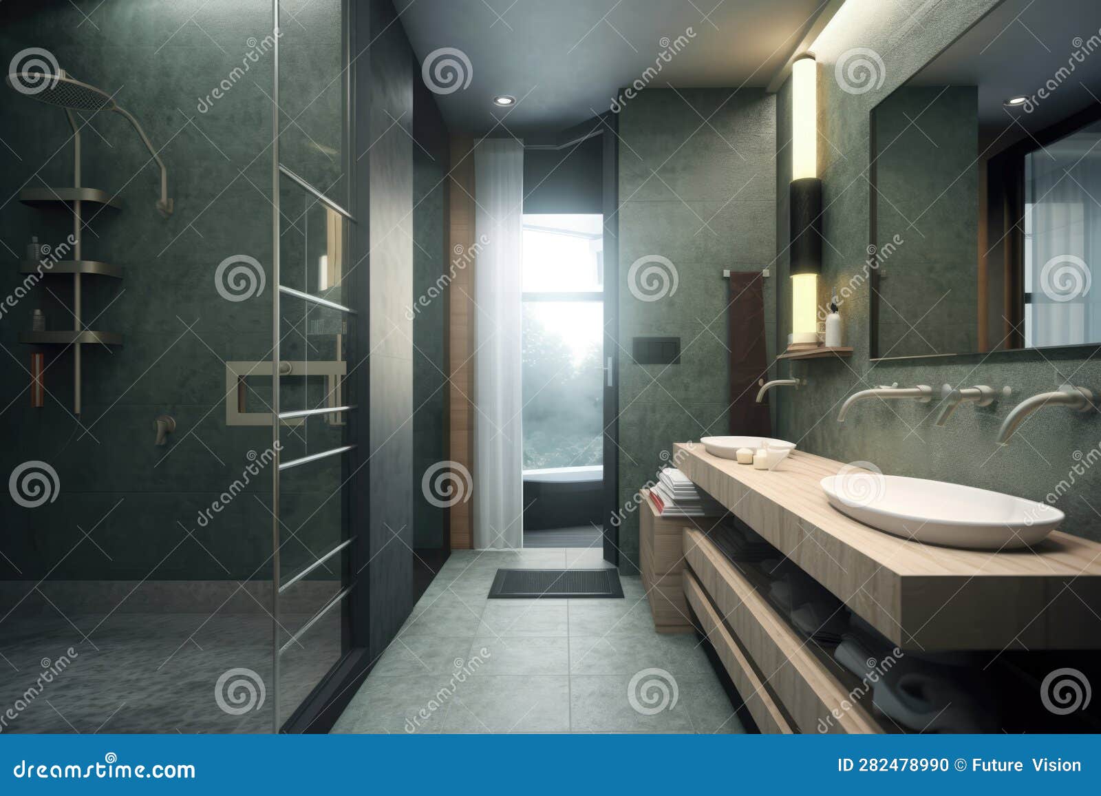 Modern Bathroom with Shower and Basin, Created Using Generative Ai