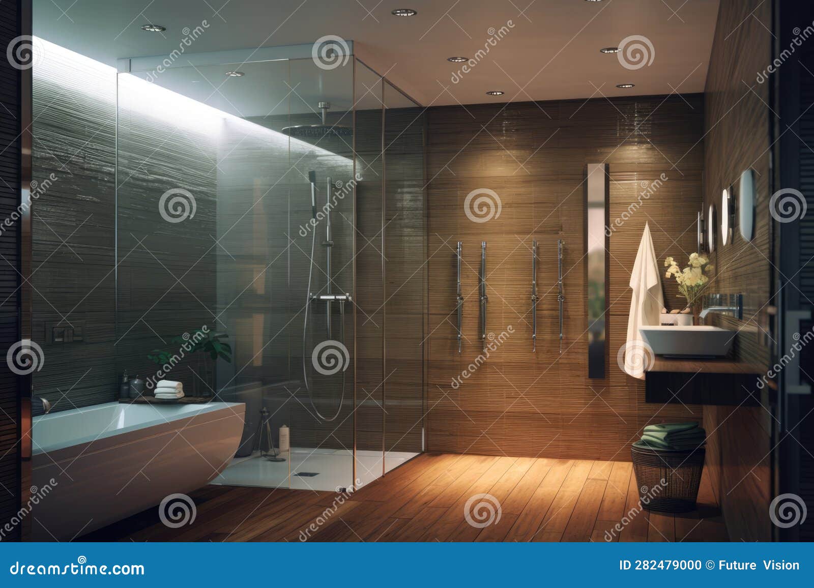 Modern Bathroom with Shower and Bath, Created Using Generative Ai