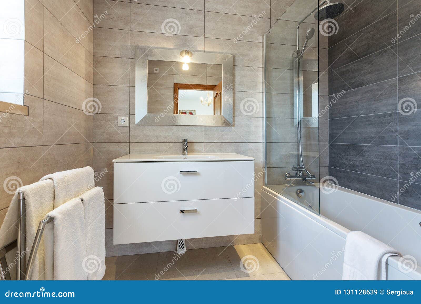 Modern Bathroom Shower Room with Toilet and Amenities. Stock Image