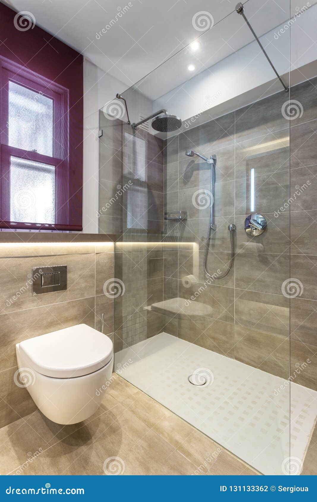 Modern Bathroom Shower Room with Toilet and Amenities. Stock Photo