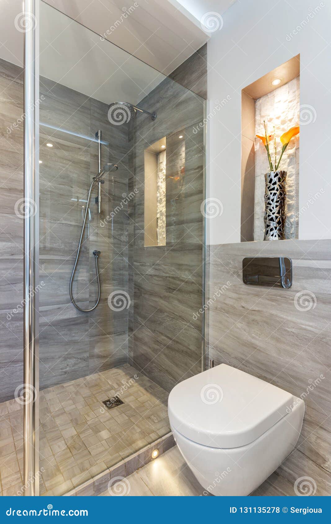 Modern Bathroom Shower Room with Toilet and Amenities. Stock Photo