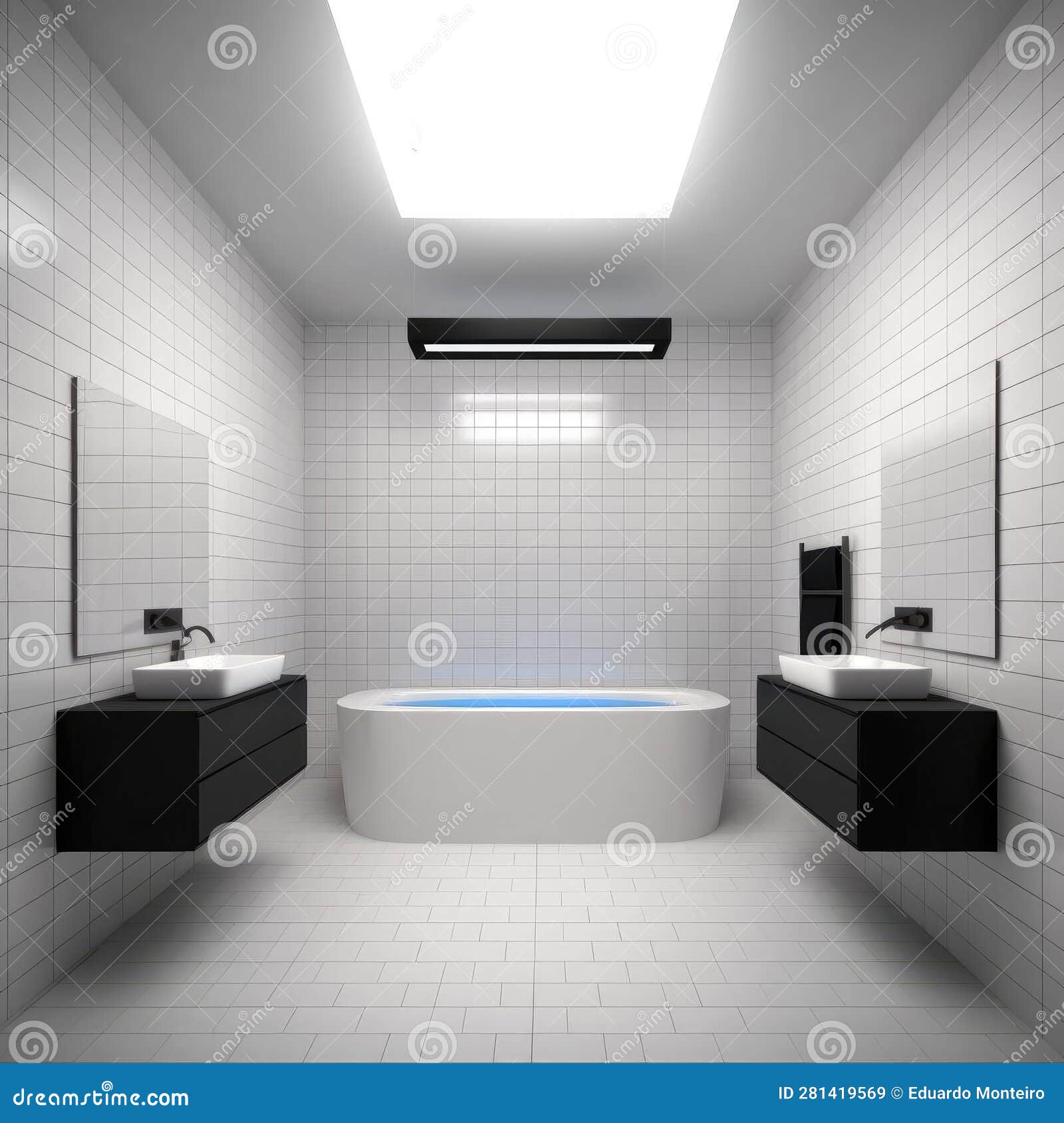 Modern Bathroom with White Tile and Black Bathtub Stock Illustration